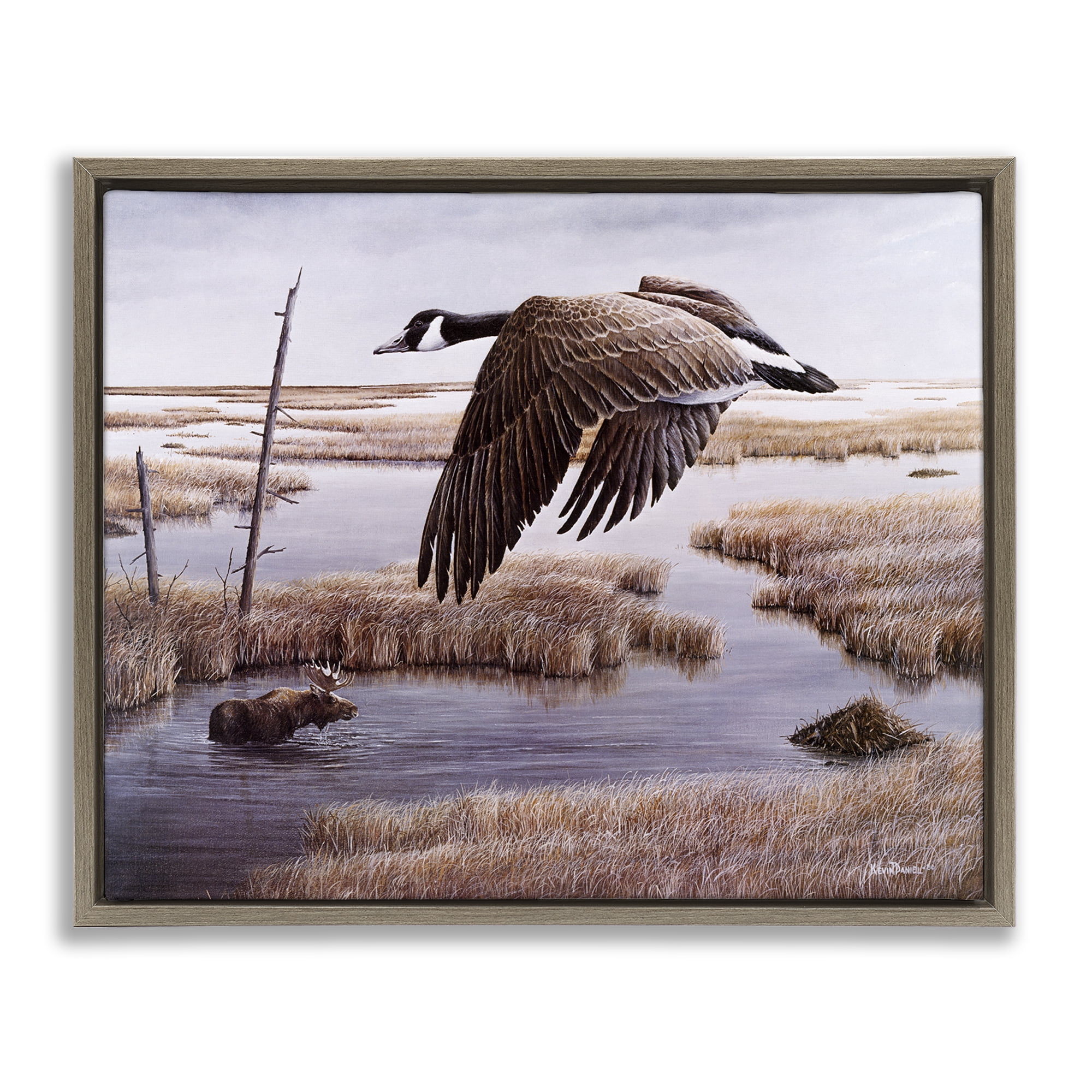 Stupell Industries Goose Over Creek Animals Painting Brown Floater Framed Canvas Art Print Wall Art, 21 x 17
