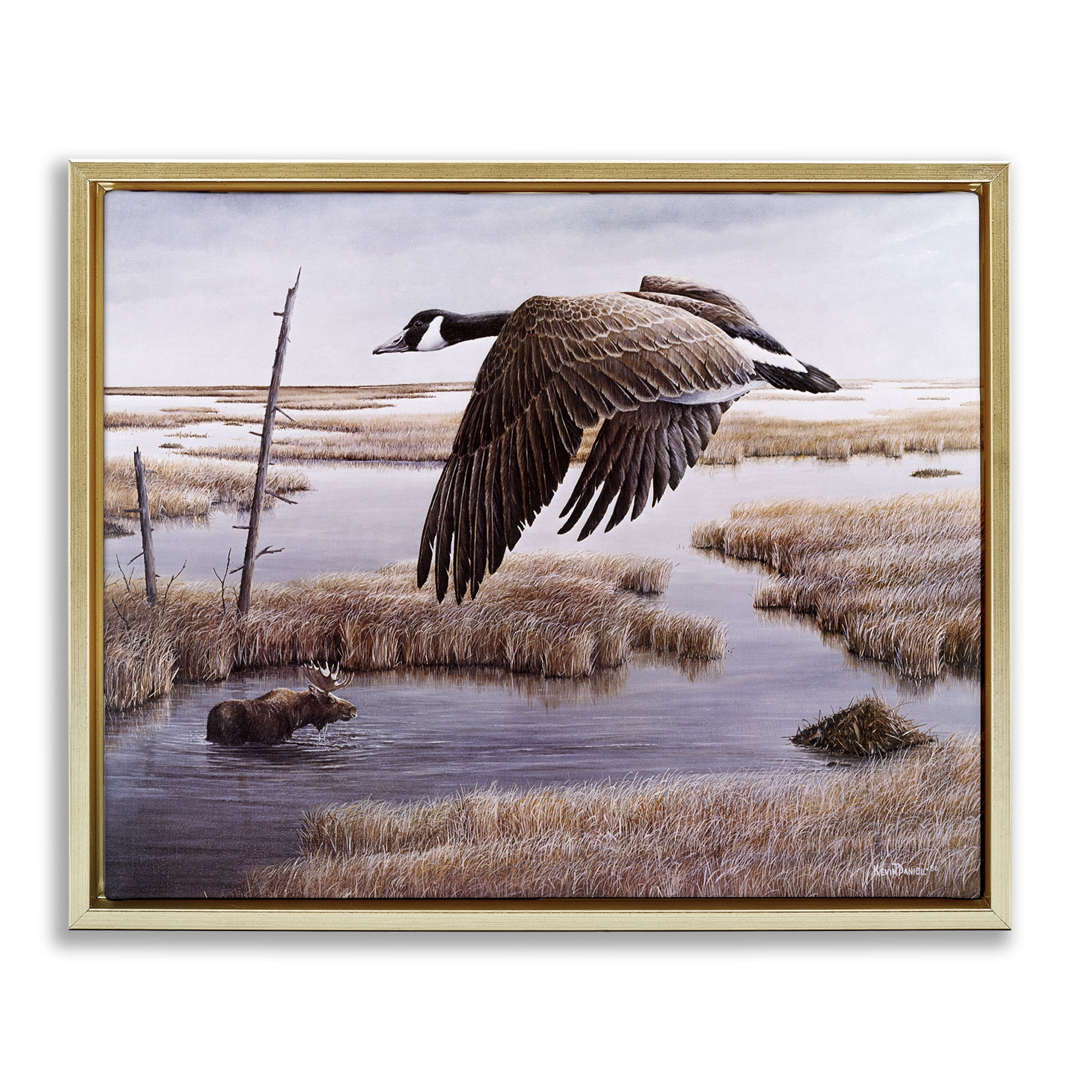 Stupell Industries Goose Over Creek Animals Painting Gold Floater Framed Canvas Art Print Wall Art, 21 x 17