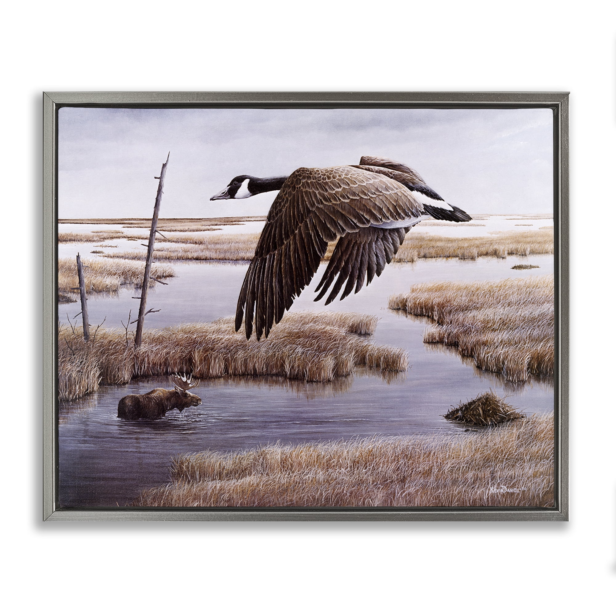 Stupell Industries Goose Over Creek Animals Painting Gray Floater Framed Canvas Art Print Wall Art, 21 x 17