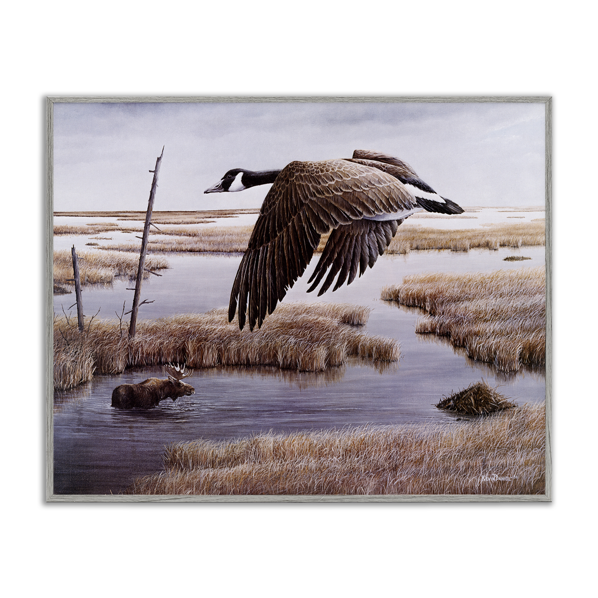 Stupell Industries Goose Over Creek Animals Painting Gray Framed Art Print Wall Art, 14 x 11