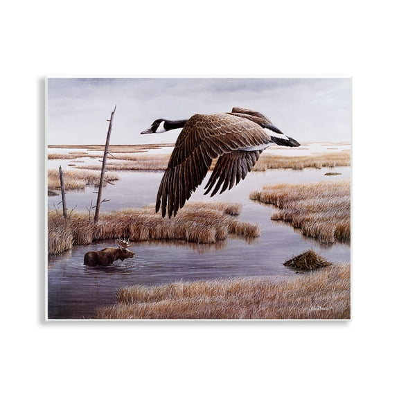 Stupell Industries Goose Over Creek Animals Painting Unframed Art Print Wall Art, 14 x 11