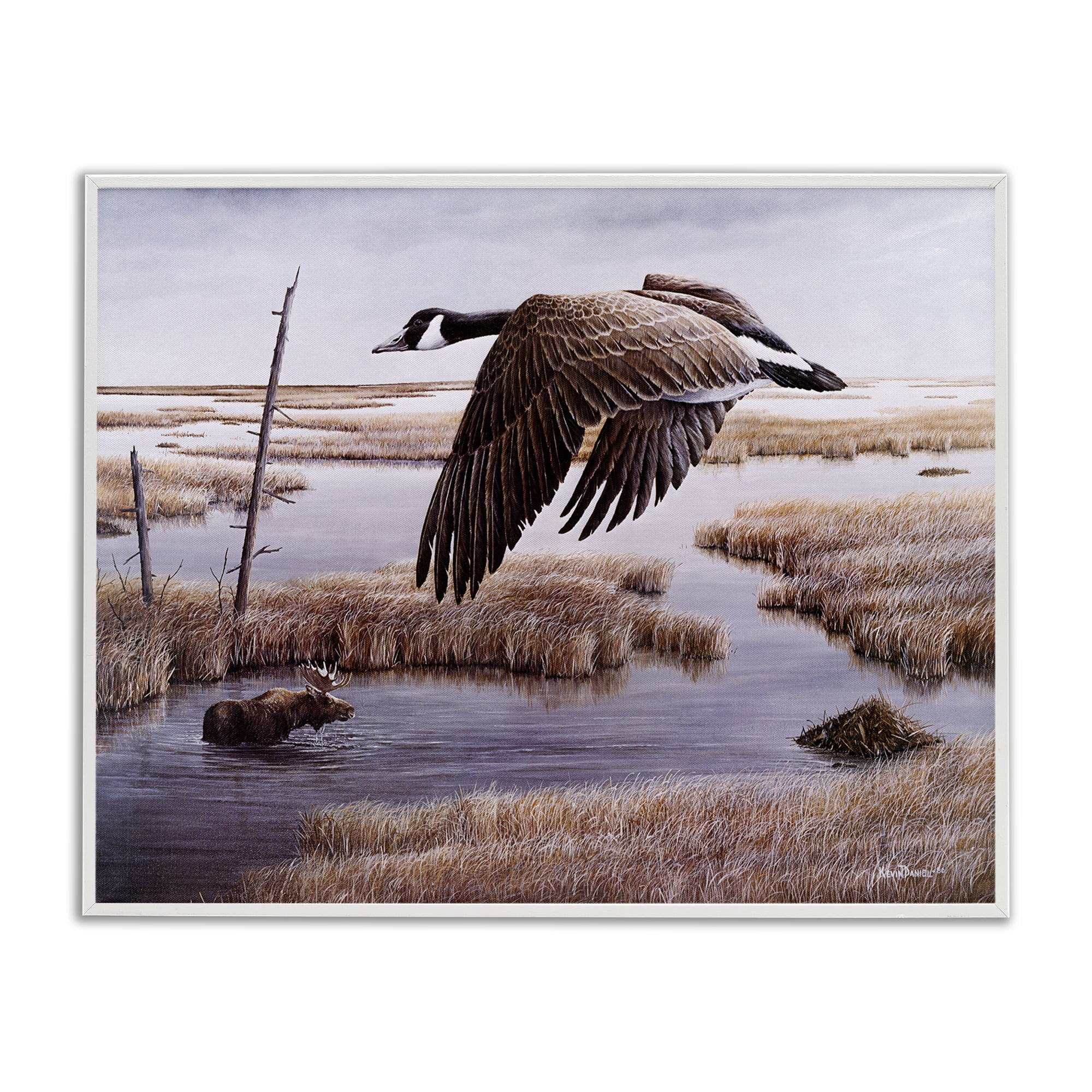 Stupell Industries Goose Over Creek Animals Painting White Framed Art Print Wall Art, 30 x 24
