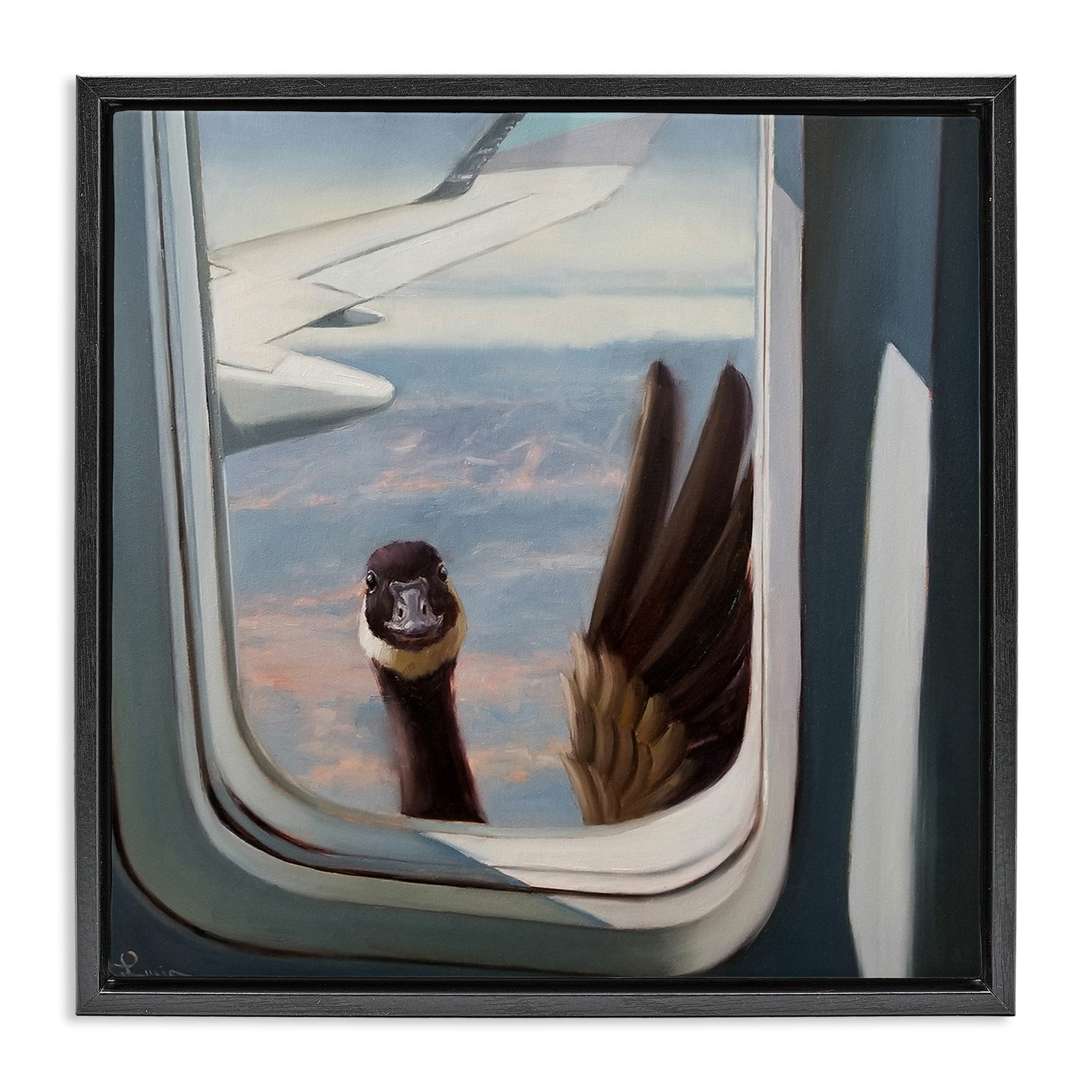 Stupell Industries Goose in Airplane Window Scene Animals & Insects Painting Black Floater Framed Canvas Art Print Wall Art, 25 x 25
