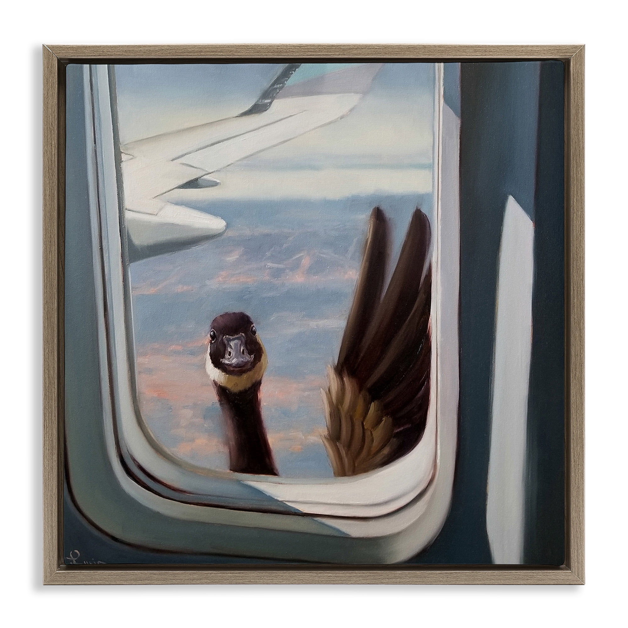 Stupell Industries Goose in Airplane Window Scene Animals & Insects Painting Brown Floater Framed Canvas Art Print Wall Art, 18 x 18