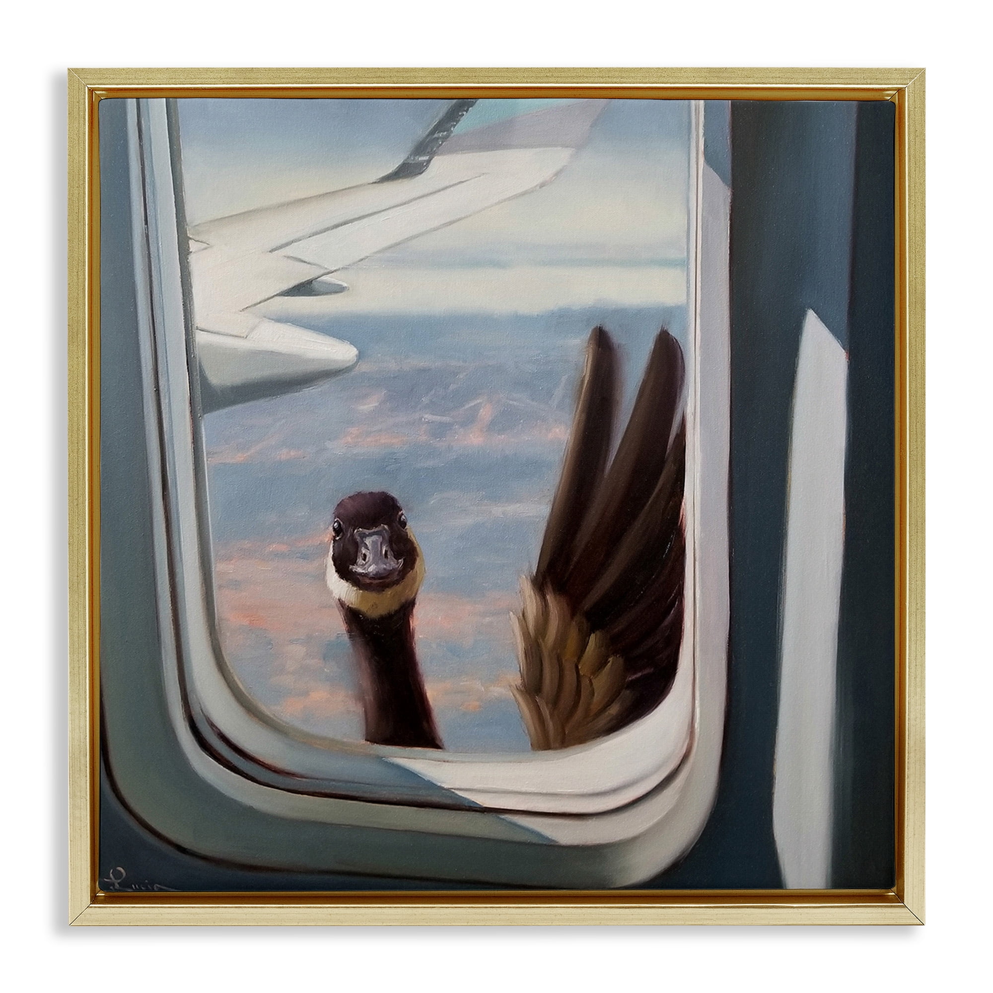 Stupell Industries Goose in Airplane Window Scene Animals & Insects Painting Gold Floater Framed Canvas Art Print Wall Art, 25 x 25