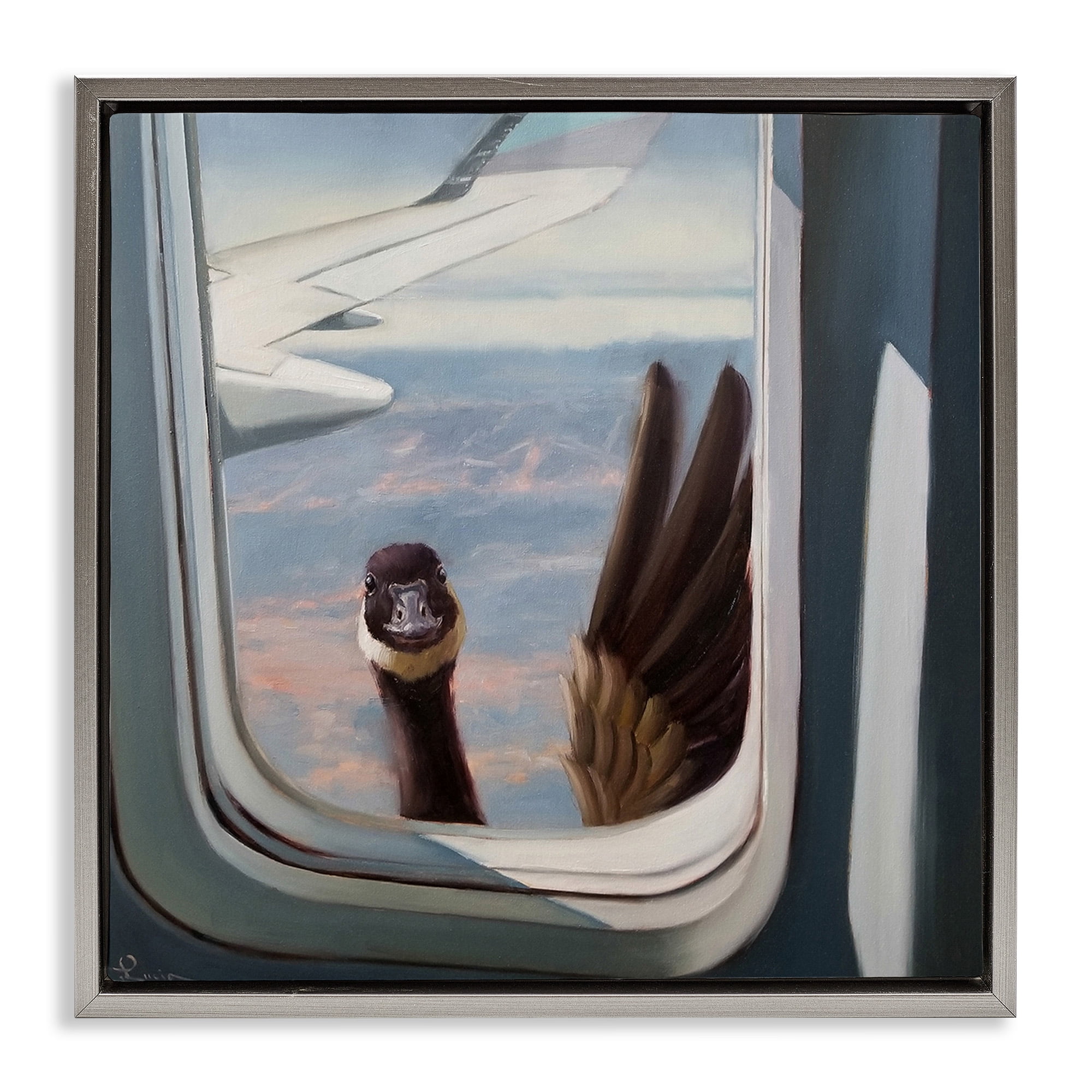 Stupell Industries Goose in Airplane Window Scene Animals & Insects Painting Gray Floater Framed Canvas Art Print Wall Art, 18 x 18