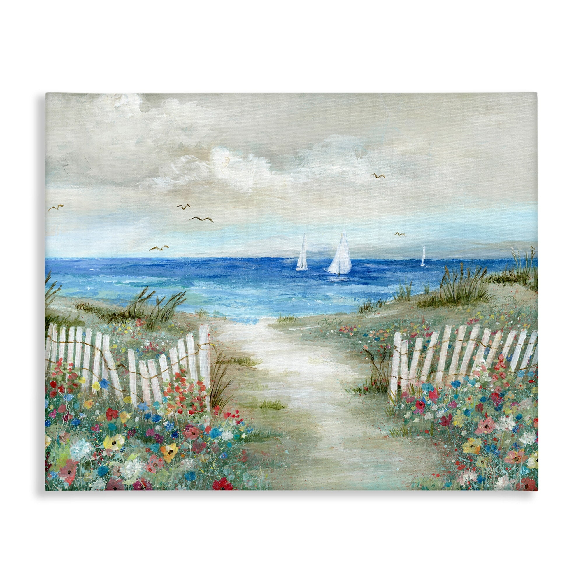 Stupell Industries Gorgeous Beach Scene Poppies Blooming White Fence Ocean Coastal Painting Gallery-Wrapped Canvas Print Wall Art, 40 x 30, Design by Nan