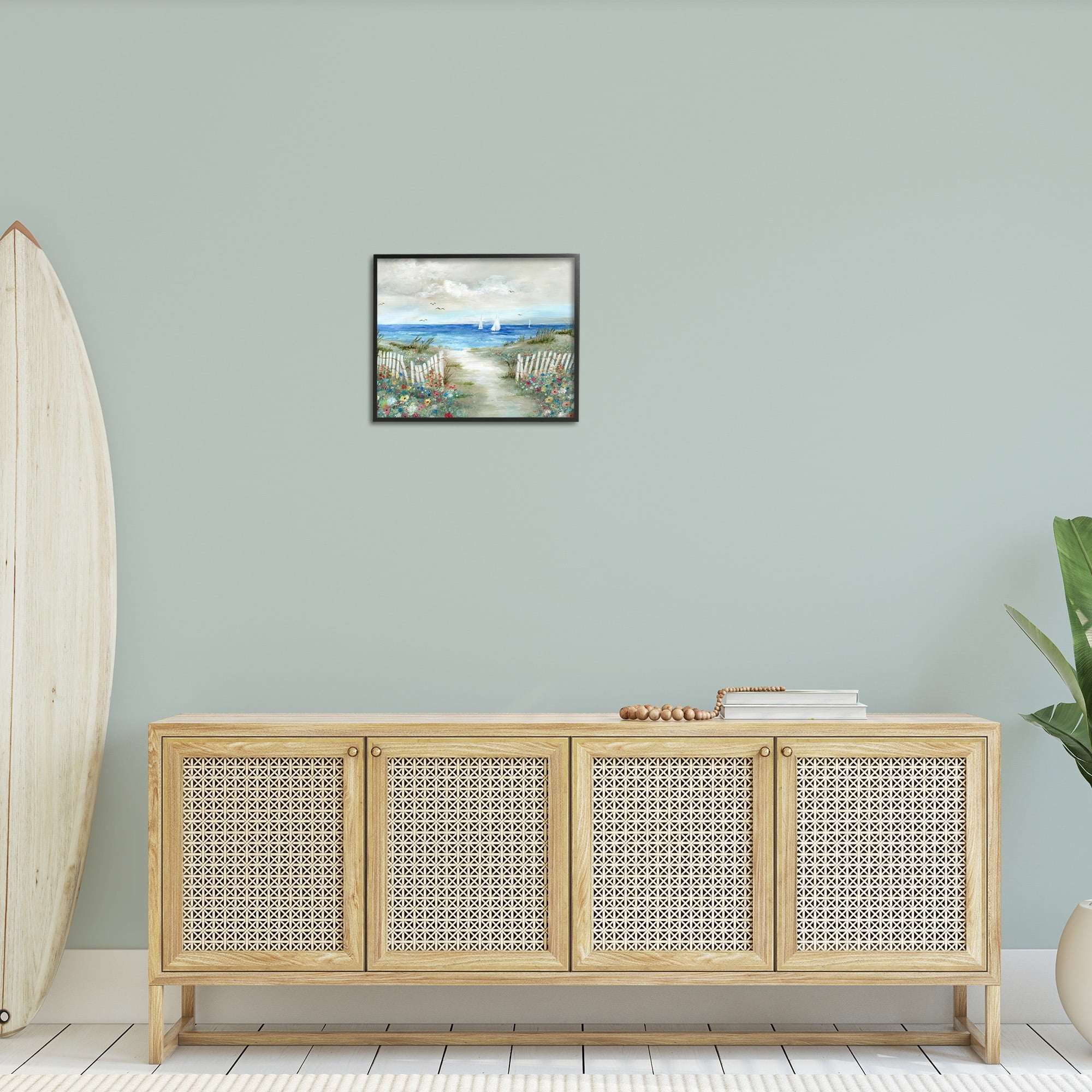 Stupell Industries Gorgeous Beach Scene Poppies Blooming White Fence Ocean Paintings Black Framed Art Print Wall Art, 20x16, by Nan
