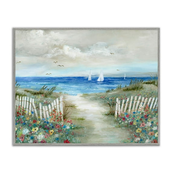 Stupell Industries Gorgeous Beach Scene Poppies Blooming White Fence Ocean Paintings Gray Framed Art Print Wall Art, 30x24, by Nan