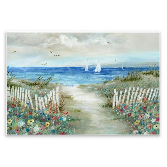 Stupell Industries Gorgeous Beach Scene Poppies Blooming White Fence Ocean Paintings Unframed Art Print Wall Art, 19x13, by Nan