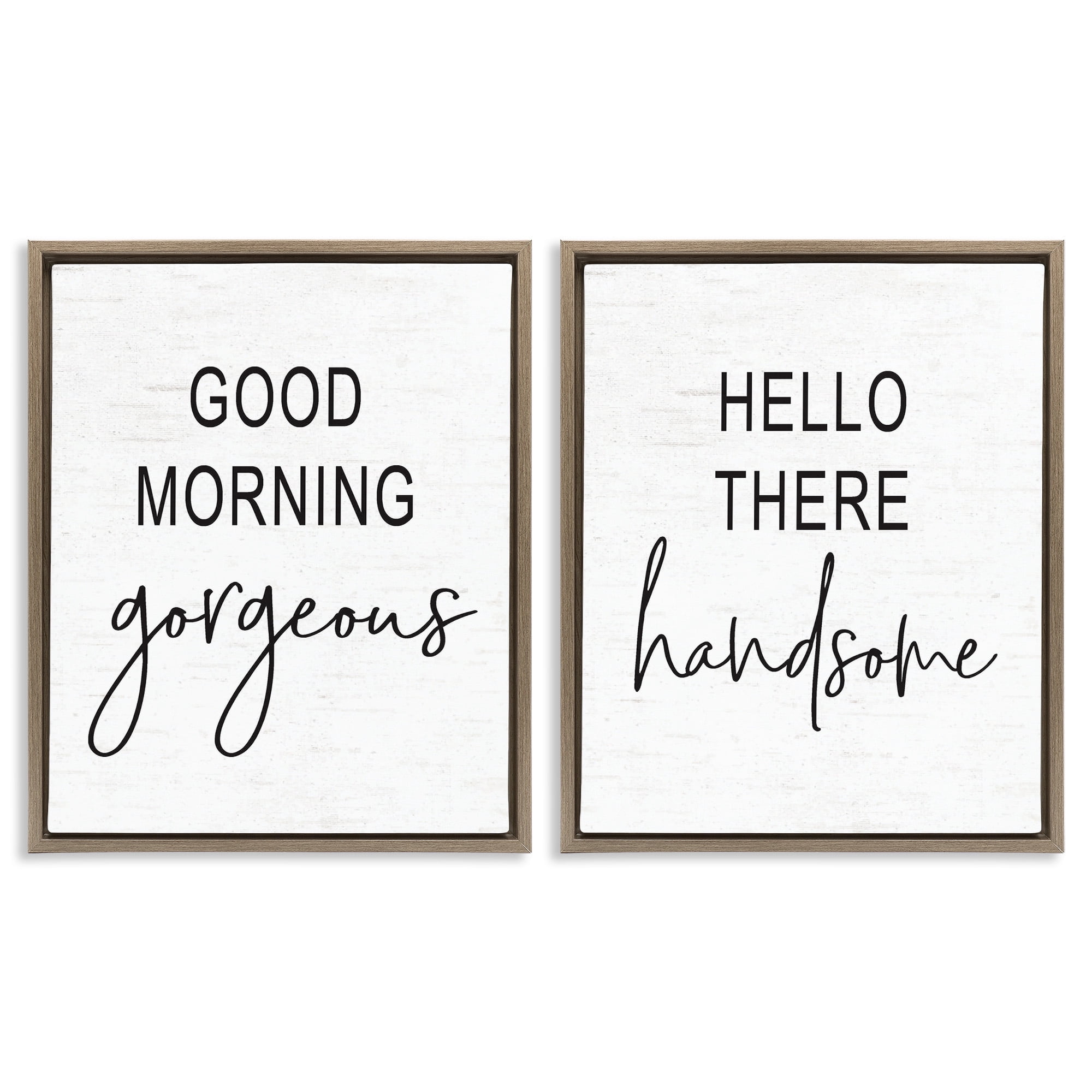 Stupell Industries Gorgeous & Handsome Romantic Greetings Inspirational Painting Brown Floater Framed Canvas Art Print Wall Art, 17 x 21, Set of 2