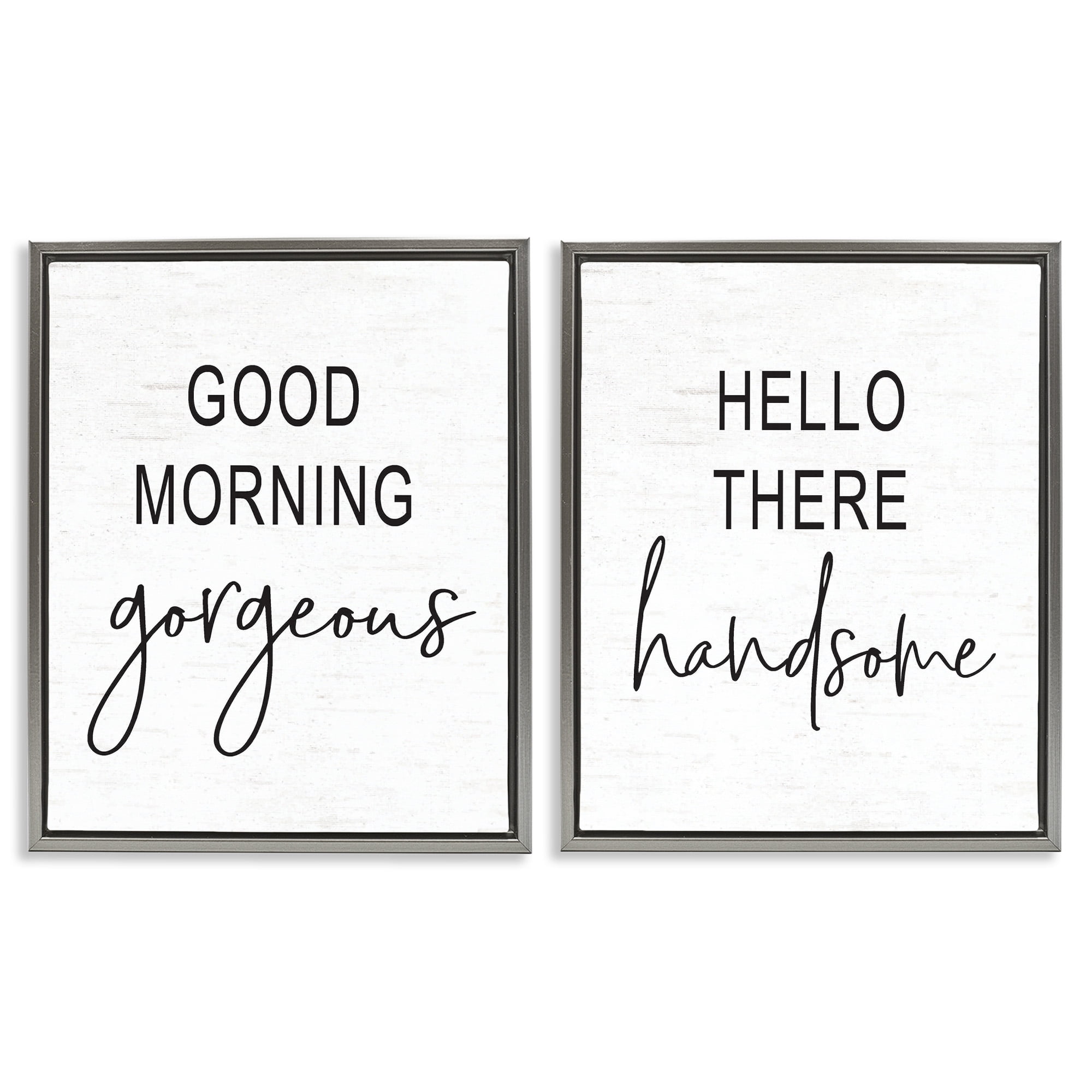 Stupell Industries Gorgeous & Handsome Romantic Greetings Inspirational Painting Gray Floater Framed Canvas Art Print Wall Art, 17 x 21, Set of 2