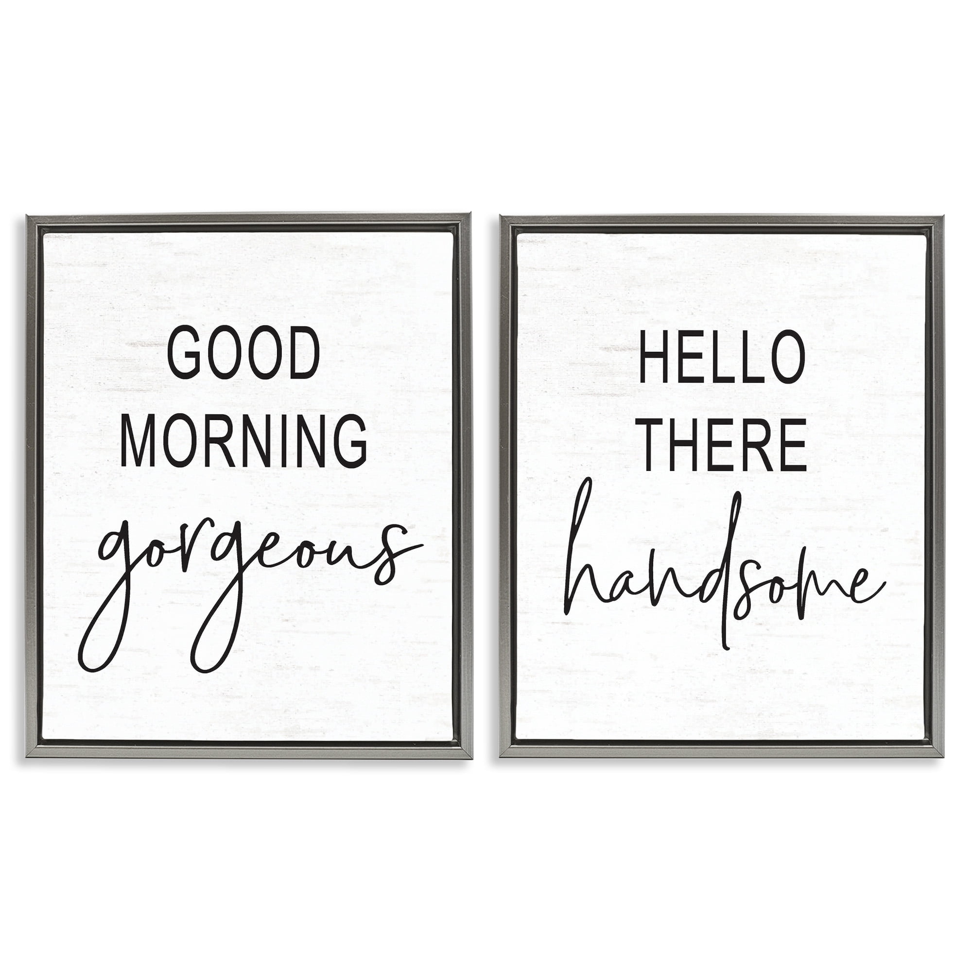 Stupell Industries Gorgeous & Handsome Romantic Greetings Inspirational Painting Gray Floater Framed Canvas Art Print Wall Art, 25 x 31, Set of 2