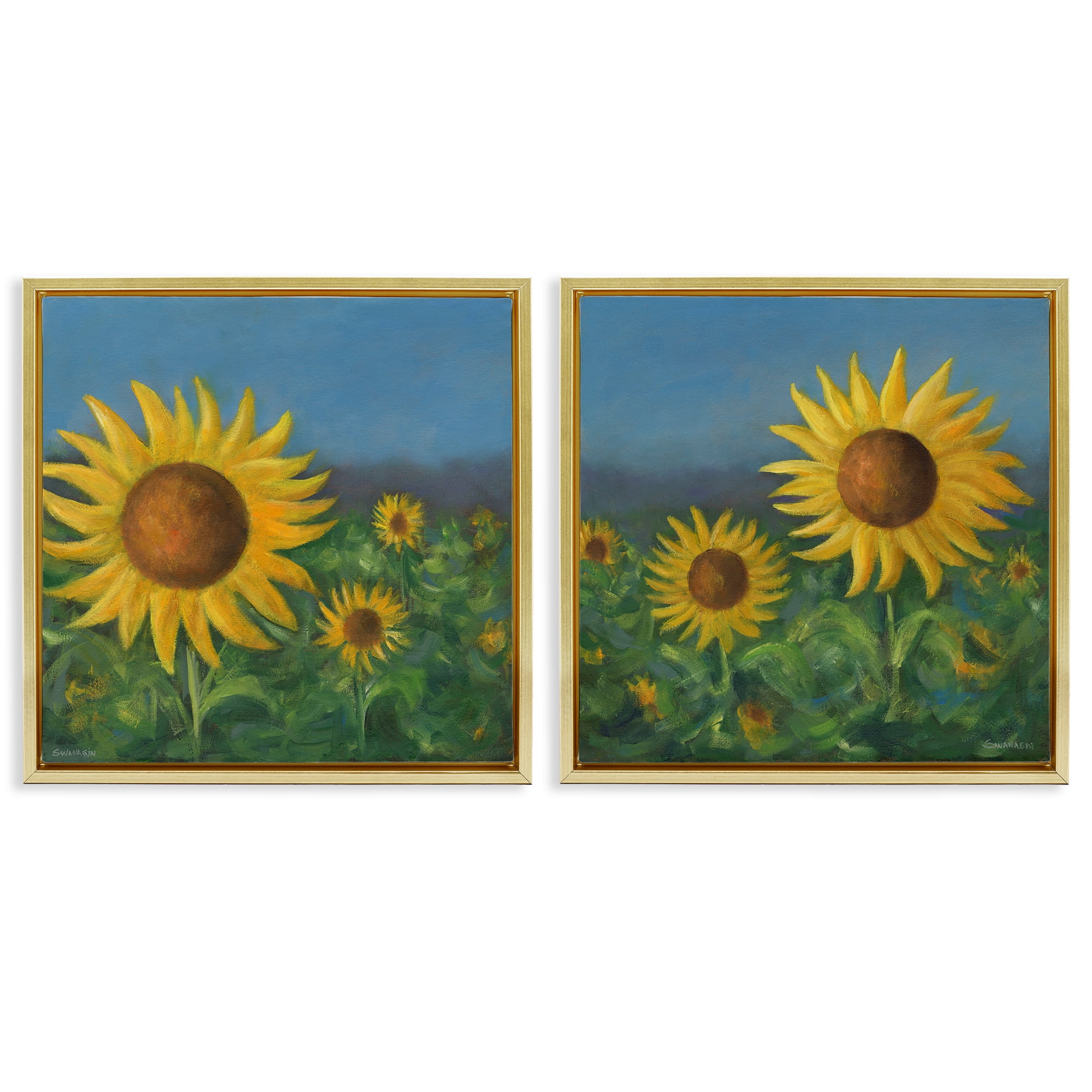 Stupell Industries Gorgeous Sunflower Field Plants & Flowers Painting Gold Floater Framed Canvas Art Print Wall Art, 25 x 25, Set of 2