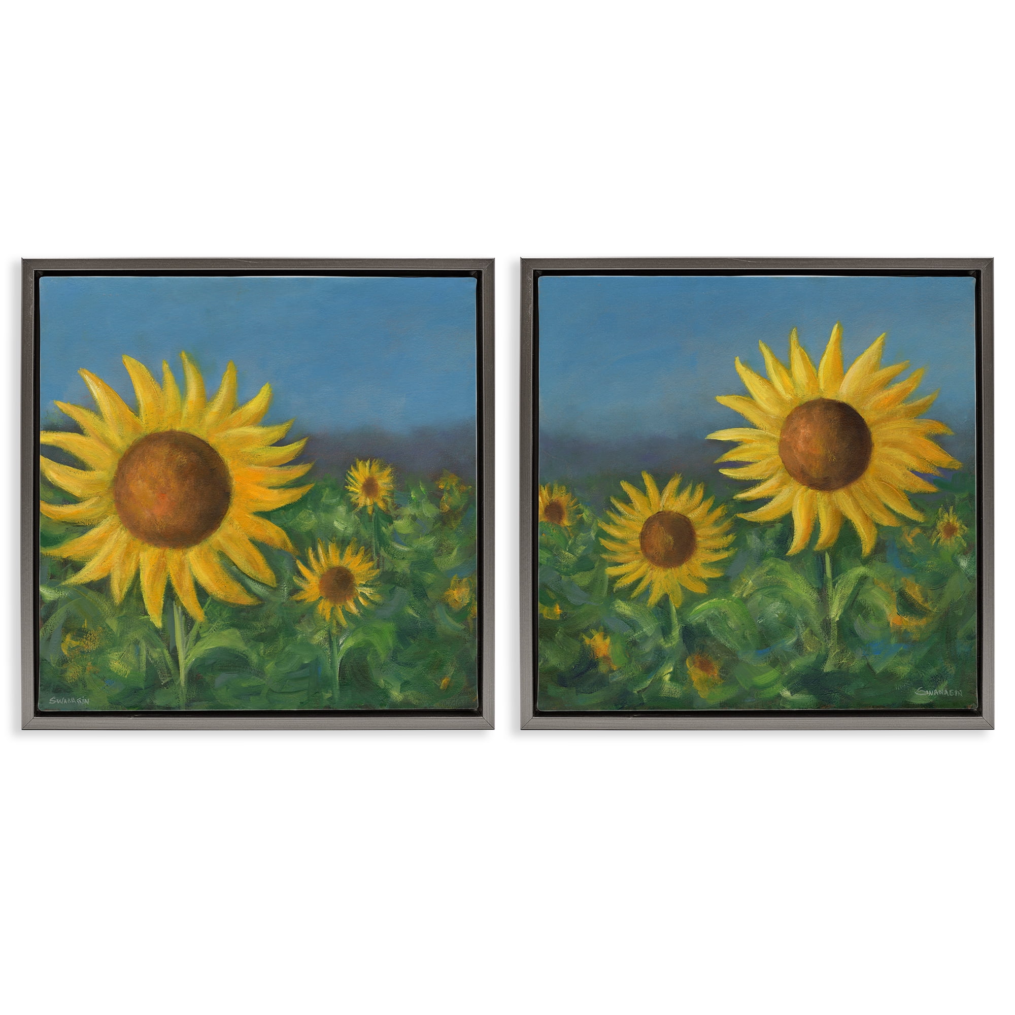 Stupell Industries Gorgeous Sunflower Field Plants & Flowers Painting Gray Floater Framed Canvas Art Print Wall Art, 25 x 25, Set of 2