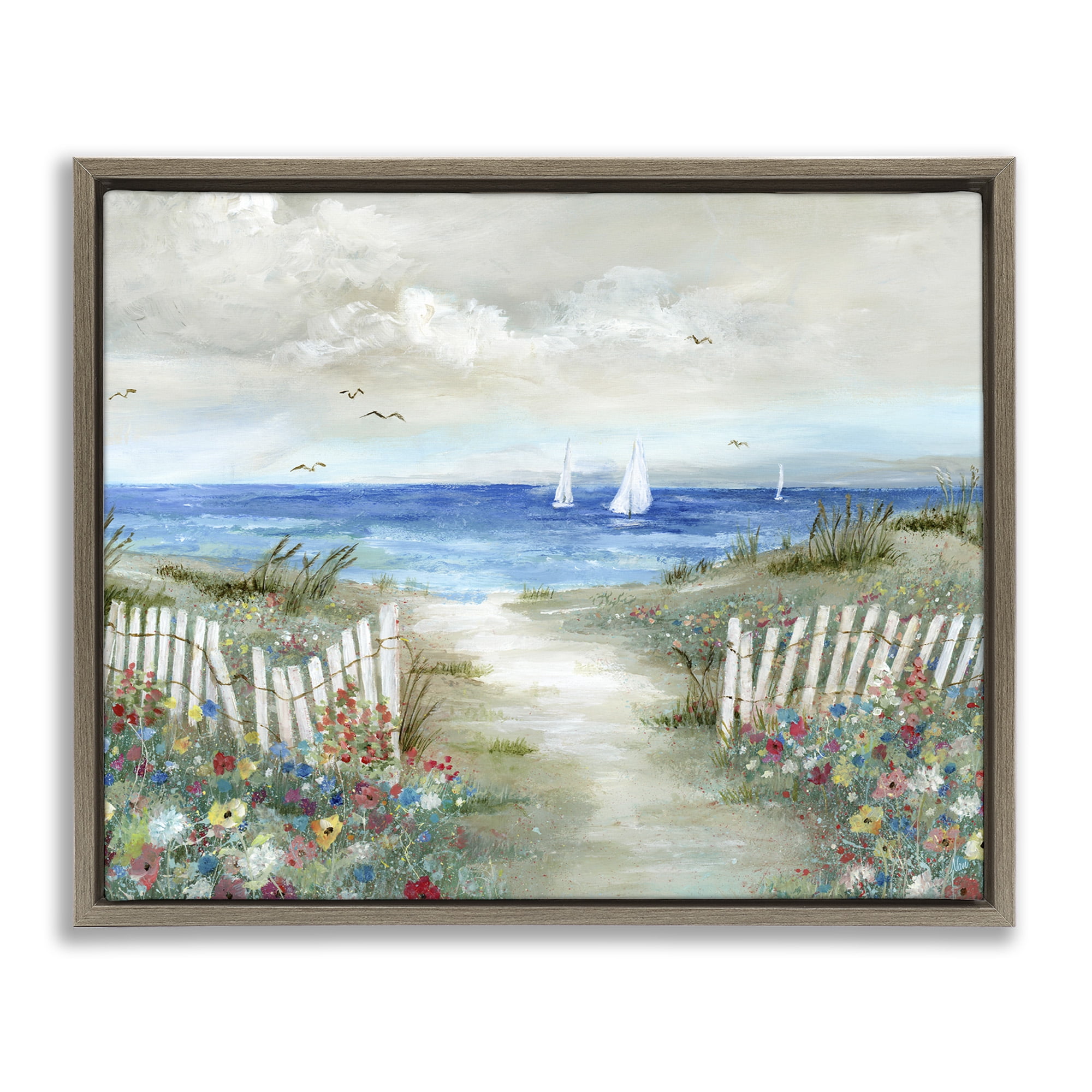 Stupell Industries Gorgeous Traditional Beach Scene Nature Painting Brown Floater Framed Canvas Art Print Wall Art, 21 x 17