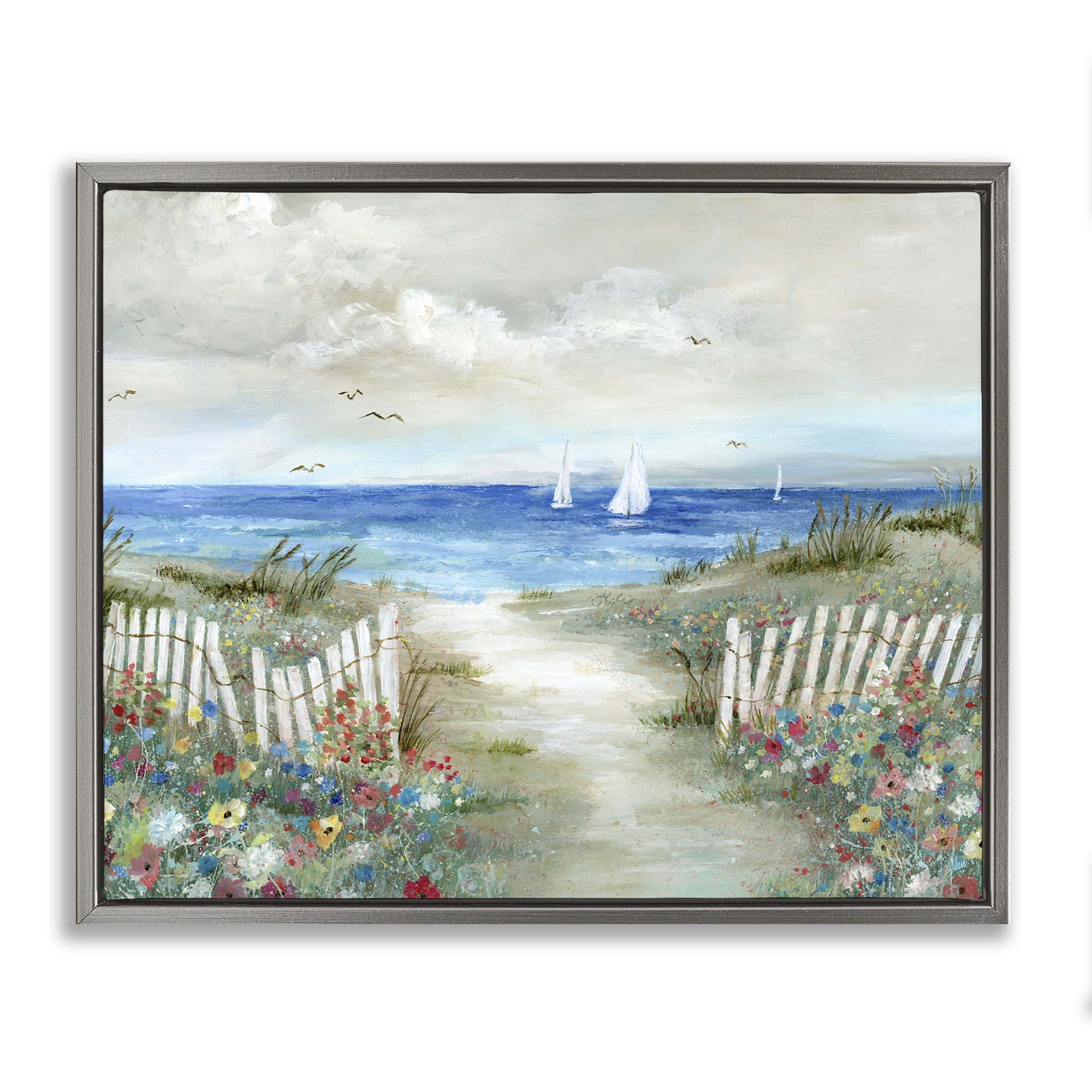 Stupell Industries Gorgeous Traditional Beach Scene Nature Painting Gray Floater Framed Canvas Art Print Wall Art, 31 x 25