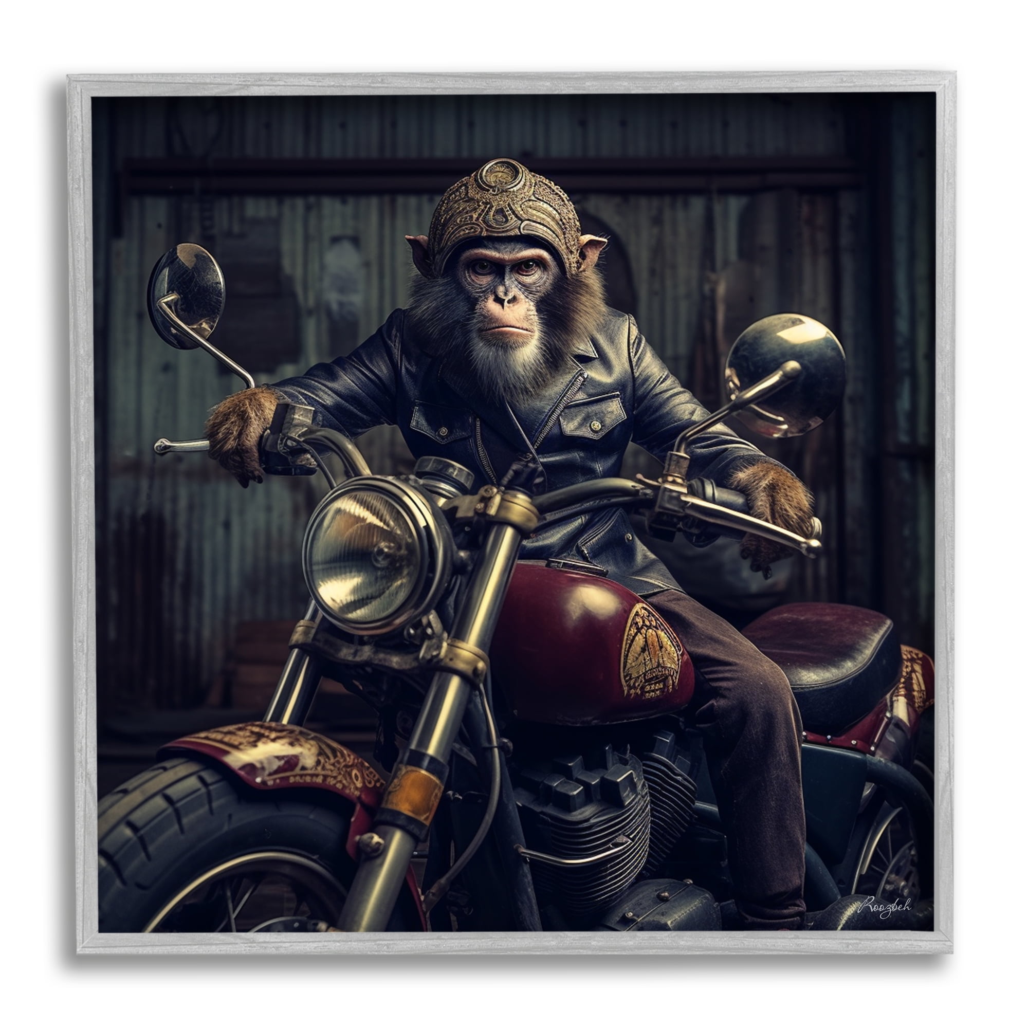 Stupell Industries Gorilla Motorcycle Portrait Animals & Insects Painting Gray Framed Art Print Wall Art, 24 x 24