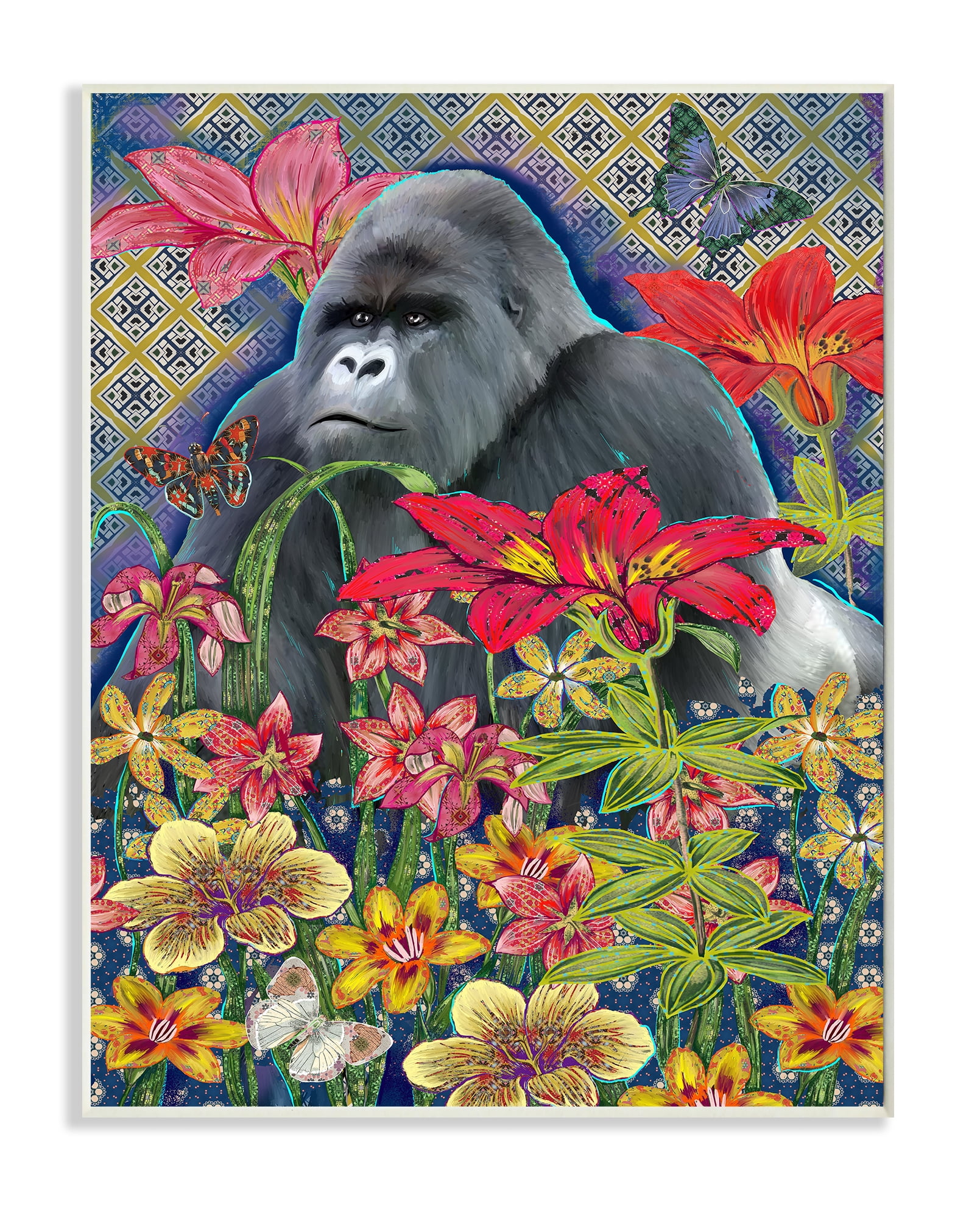 Stupell Industries Gorilla Standing Behind Tropical Florals Geometric Pattern Animals & Insects Painting Unframed Art Print Wall Art, 13 x 19