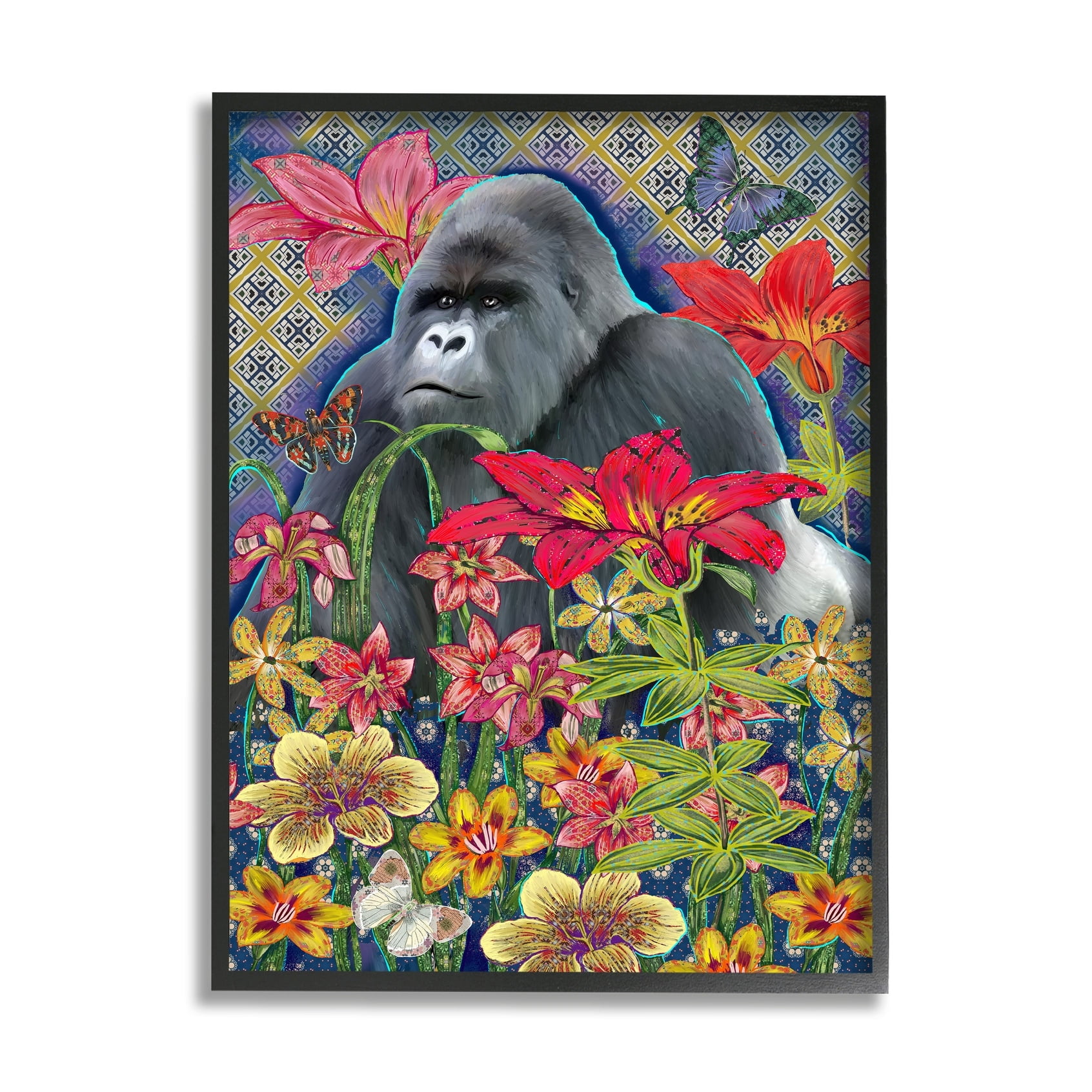 Stupell Industries Gorilla Standing Behind Tropical Florals Geometric Pattern Black Framed, 24 x 30, Design by Sangita Bachelet