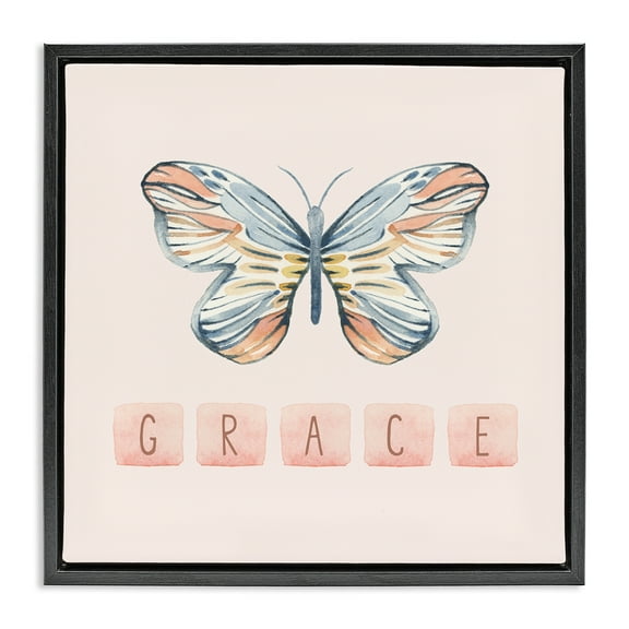 Stupell Industries Grace with Butterfly Religious & Spiritual Painting Black Floater Framed Canvas Art Print Wall Art, 18 x 18