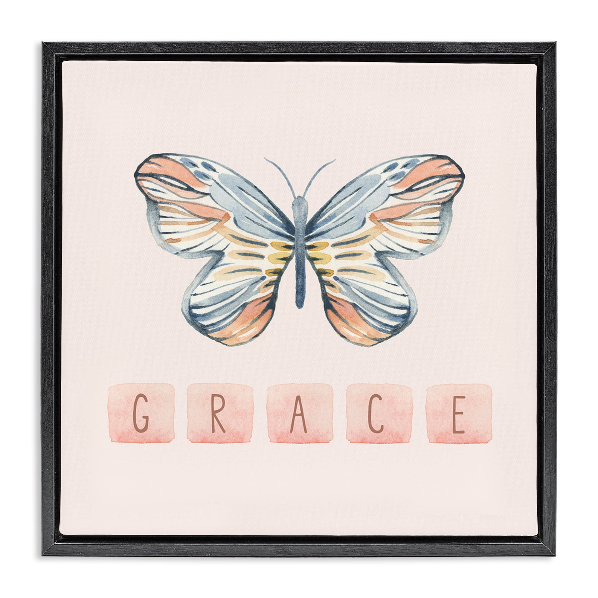 Stupell Industries Grace with Butterfly Religious & Spiritual Painting Black Floater Framed Canvas Art Print Wall Art, 25 x 25