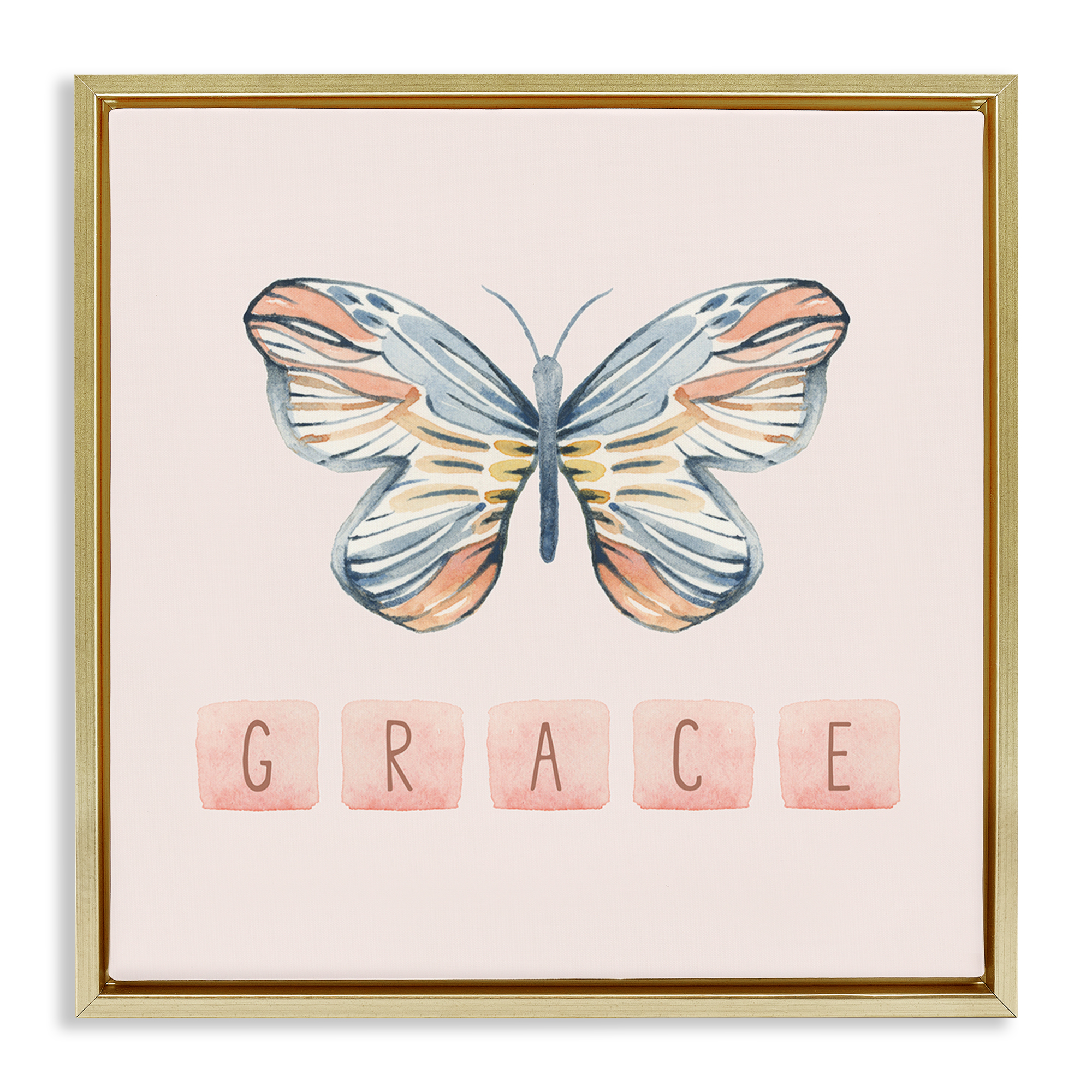Stupell Industries Grace with Butterfly Religious & Spiritual Painting Gold Floater Framed Canvas Art Print Wall Art, 18 x 18