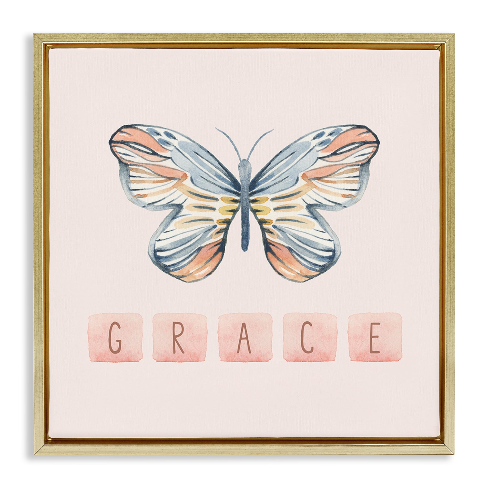 Stupell Industries Grace with Butterfly Religious & Spiritual Painting Gold Floater Framed Canvas Art Print Wall Art, 25 x 25