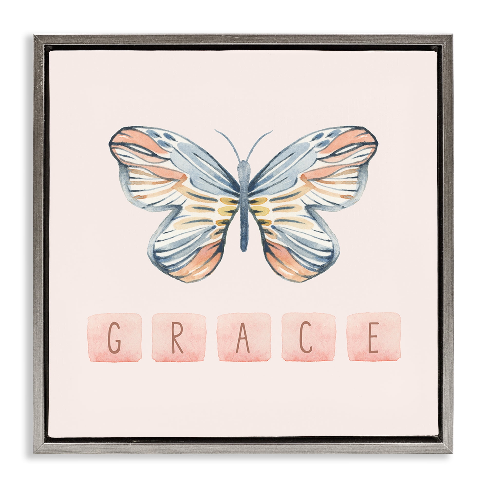 Stupell Industries Grace with Butterfly Religious & Spiritual Painting Gray Floater Framed Canvas Art Print Wall Art, 18 x 18