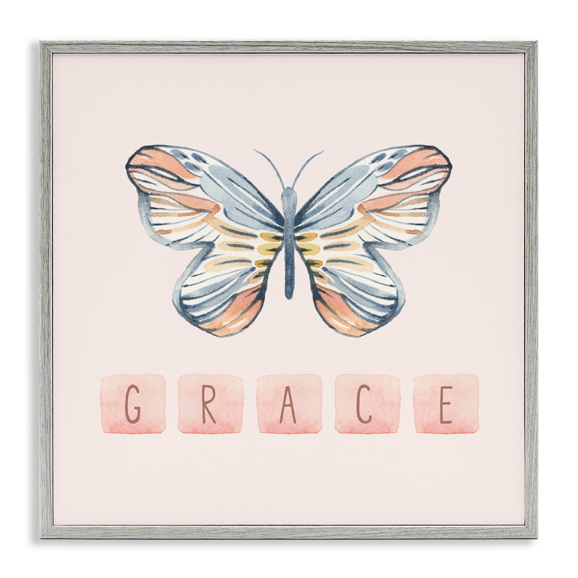 Stupell Industries Grace with Butterfly Religious & Spiritual Painting Gray Framed Art Print Wall Art, 17 x 17