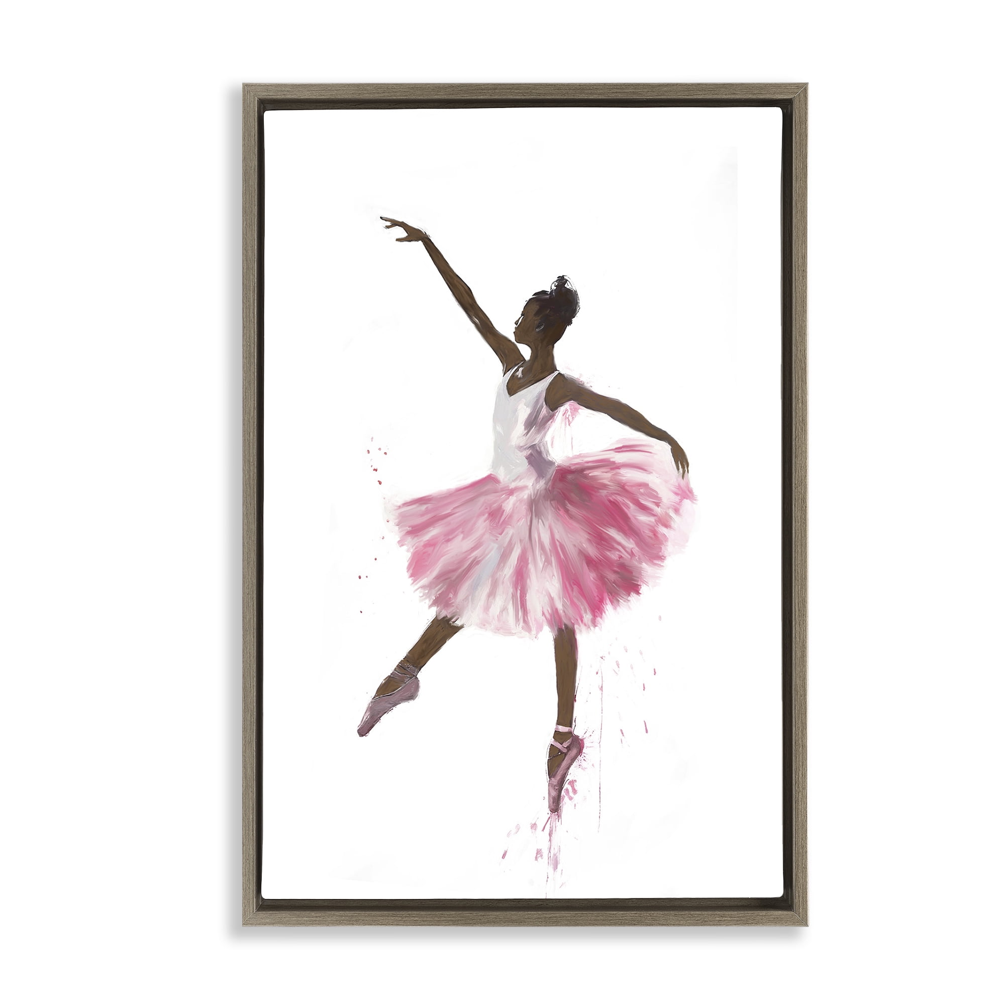 Stupell Industries Graceful Ballerina in Pink Novelty Painting Brown Floater Framed Art Print Wall Art, 21 x 31