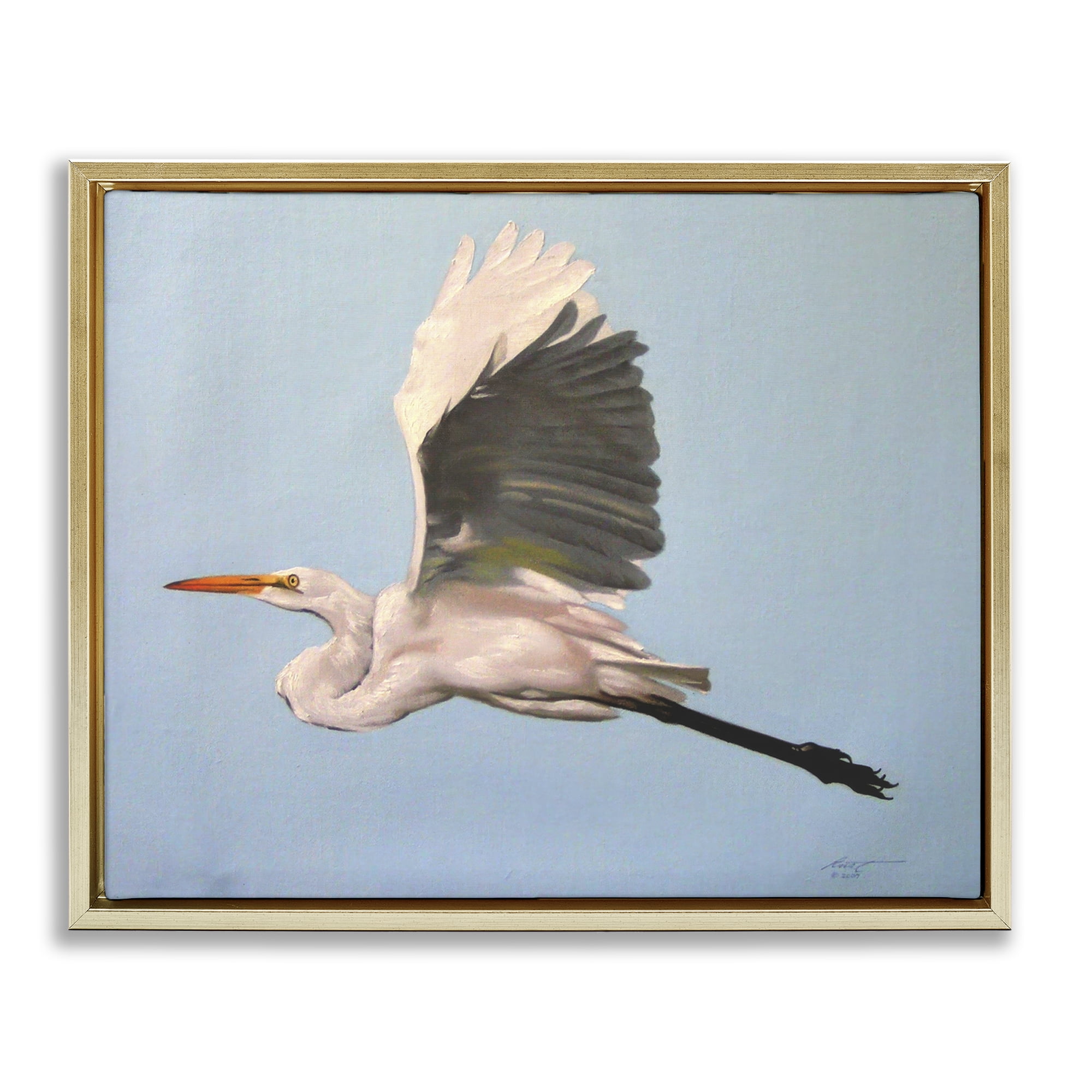 Stupell Industries Graceful Egret Flying Animals & Insects Painting Gold Floater Framed Canvas Art Print Wall Art, 21 x 17