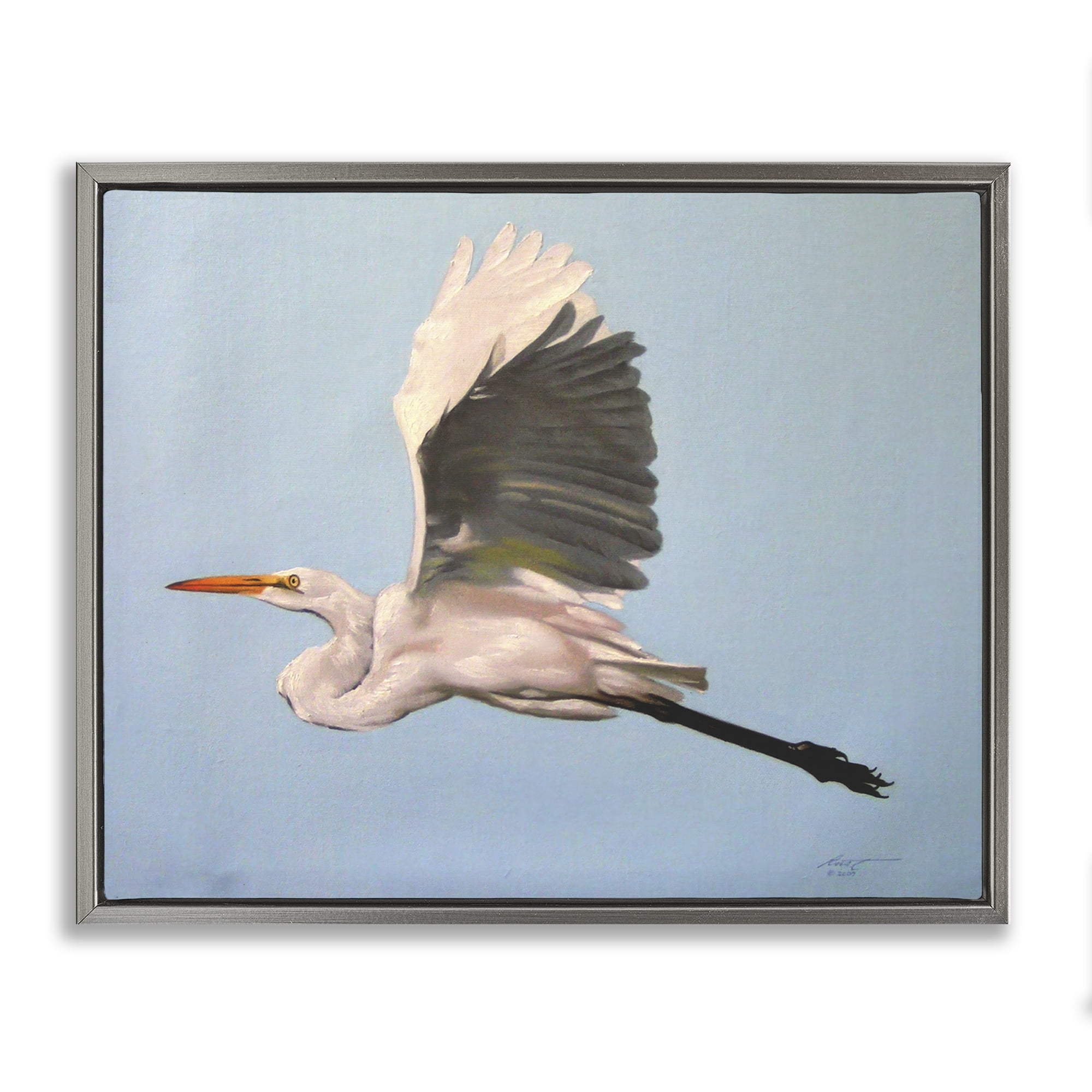 Stupell Industries Graceful Egret Flying Animals & Insects Painting Gray Floater Framed Canvas Art Print Wall Art, 31 x 25