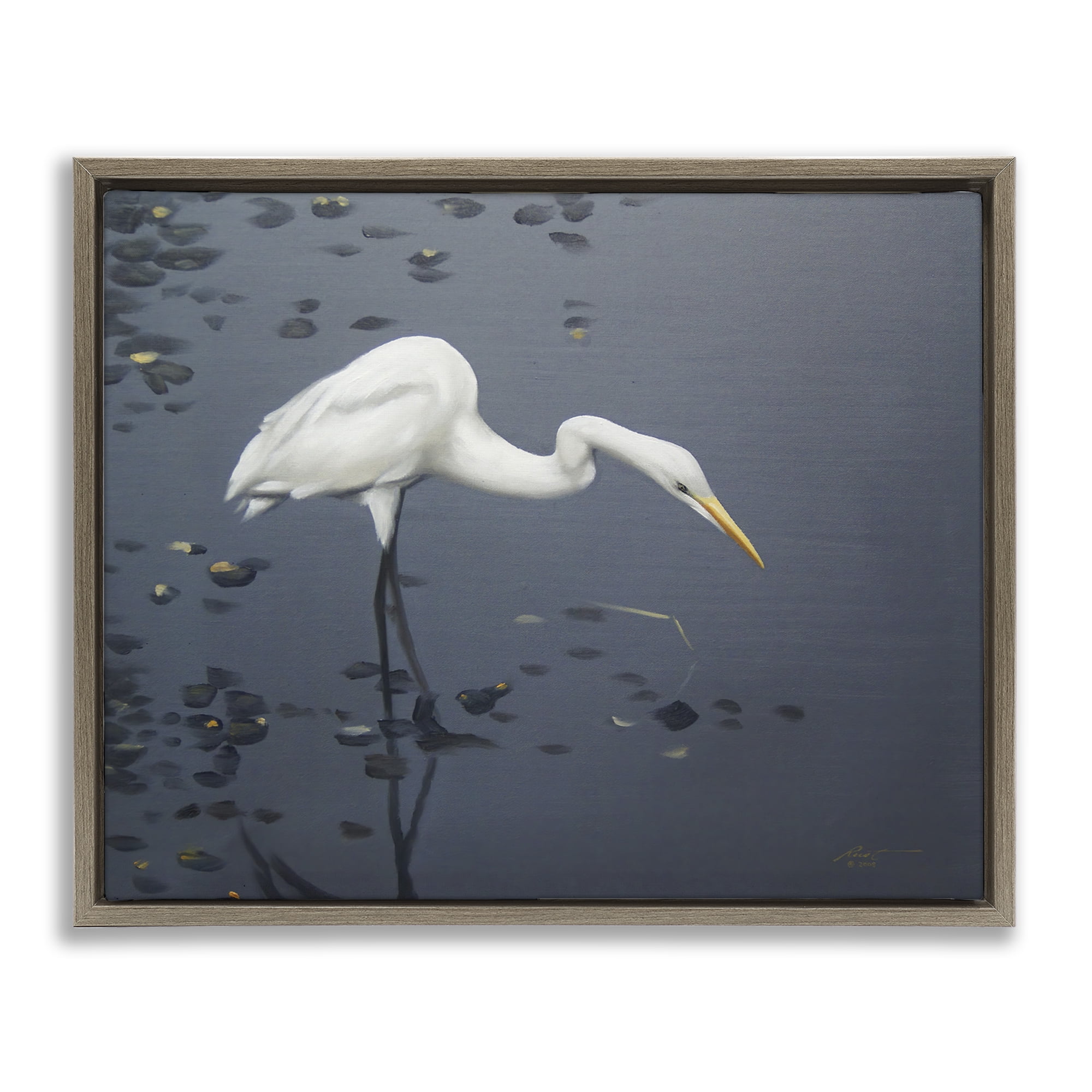 Stupell Industries Graceful Egret in Lake Animals & Insects Painting Brown Floater Framed Canvas Art Print Wall Art, 21 x 17