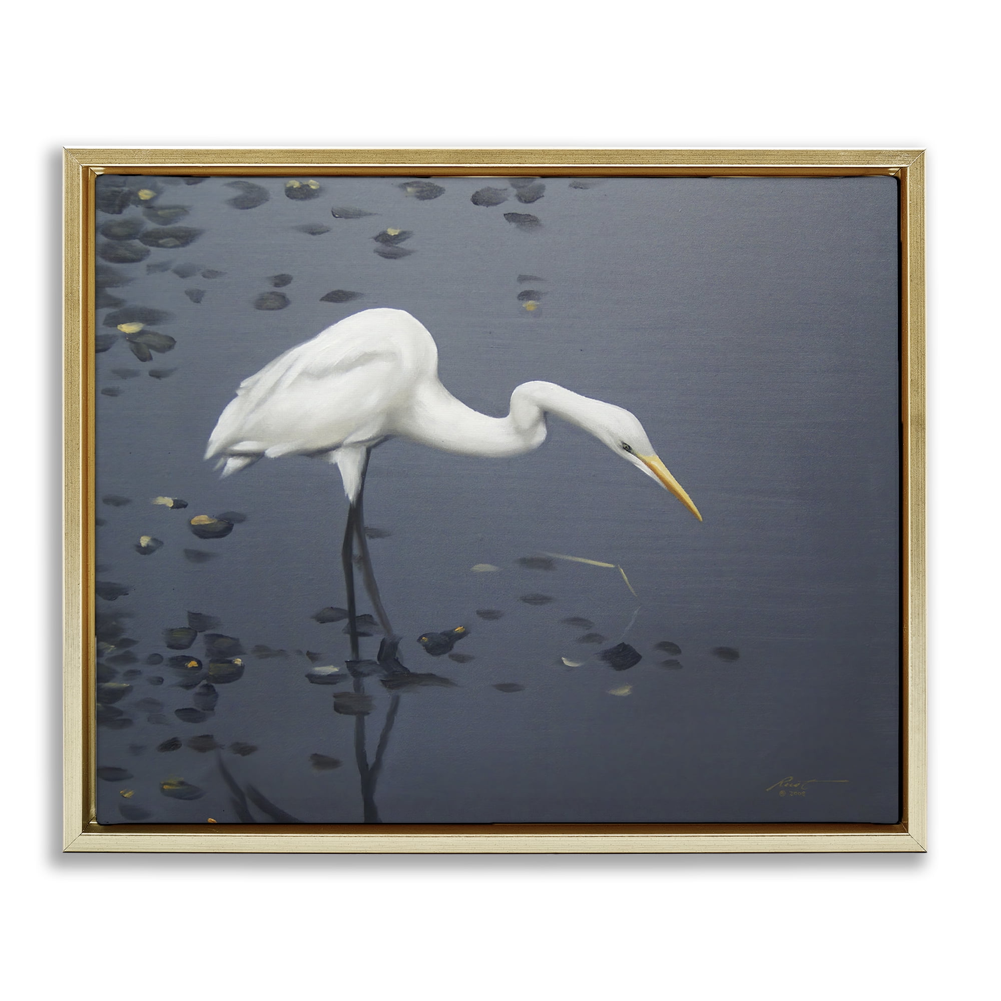 Stupell Industries Graceful Egret in Lake Animals & Insects Painting Gold Floater Framed Canvas Art Print Wall Art, 21 x 17