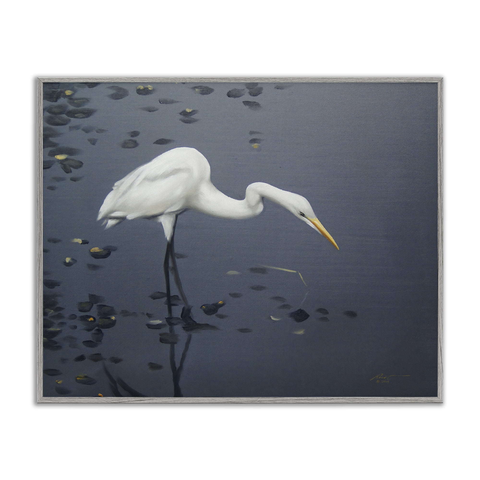 Stupell Industries Graceful Egret in Lake Animals & Insects Painting Gray Framed Art Print Wall Art, 14 x 11