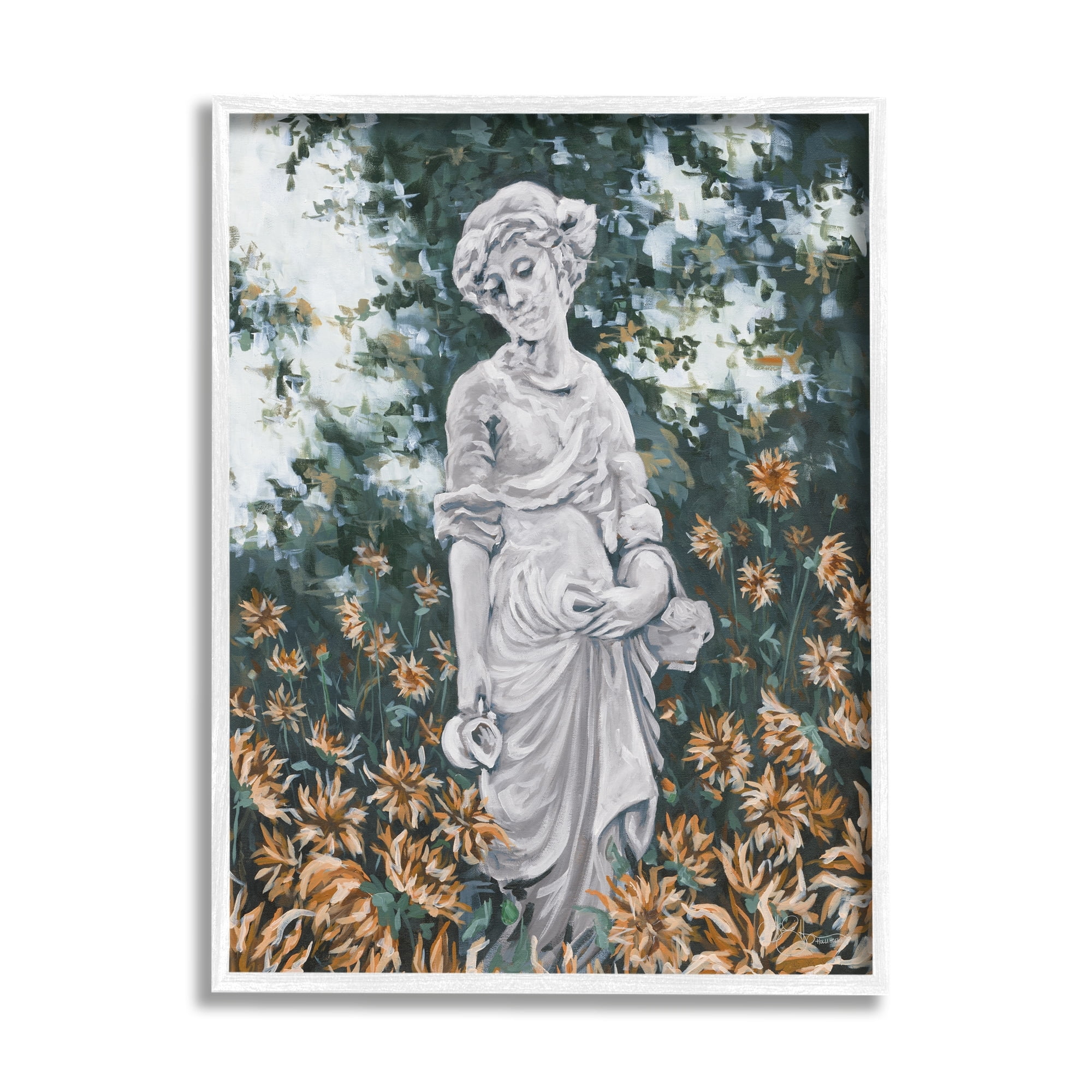 Stupell Industries Graceful Garden Woman Statue Surrounded Flower Blossoms Painting White Framed Art Print Wall Art, Design by Hollihocks Art