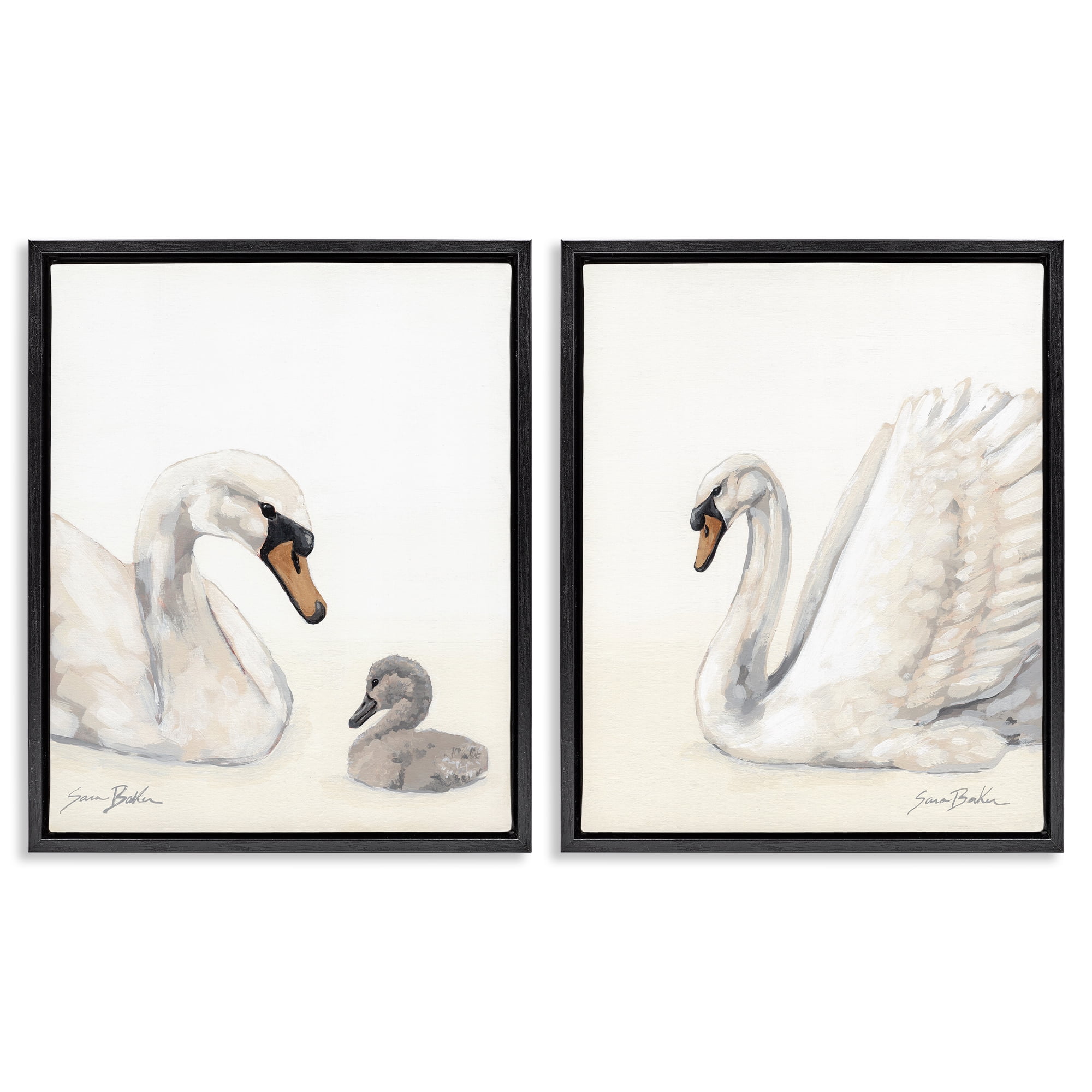 Stupell Industries Graceful Swan & Cygnet 2 Piece Black Framed Floater Canvas Set, design by Sara Baker