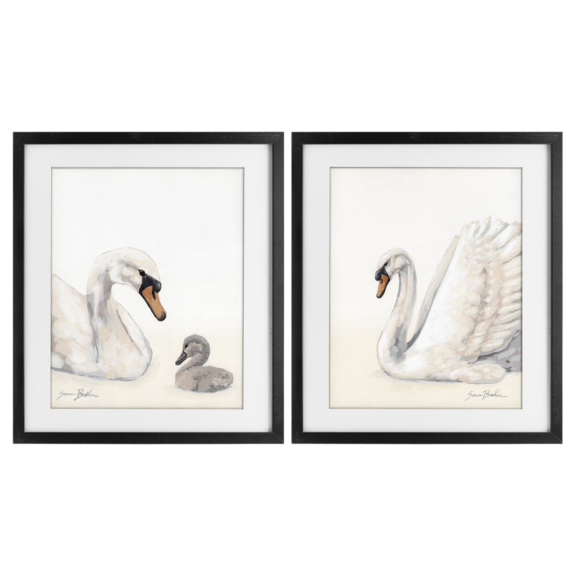 Stupell Industries Graceful Swan & Cygnet 2 Piece Black Framed Print Under Glass Set, design by Sara Baker