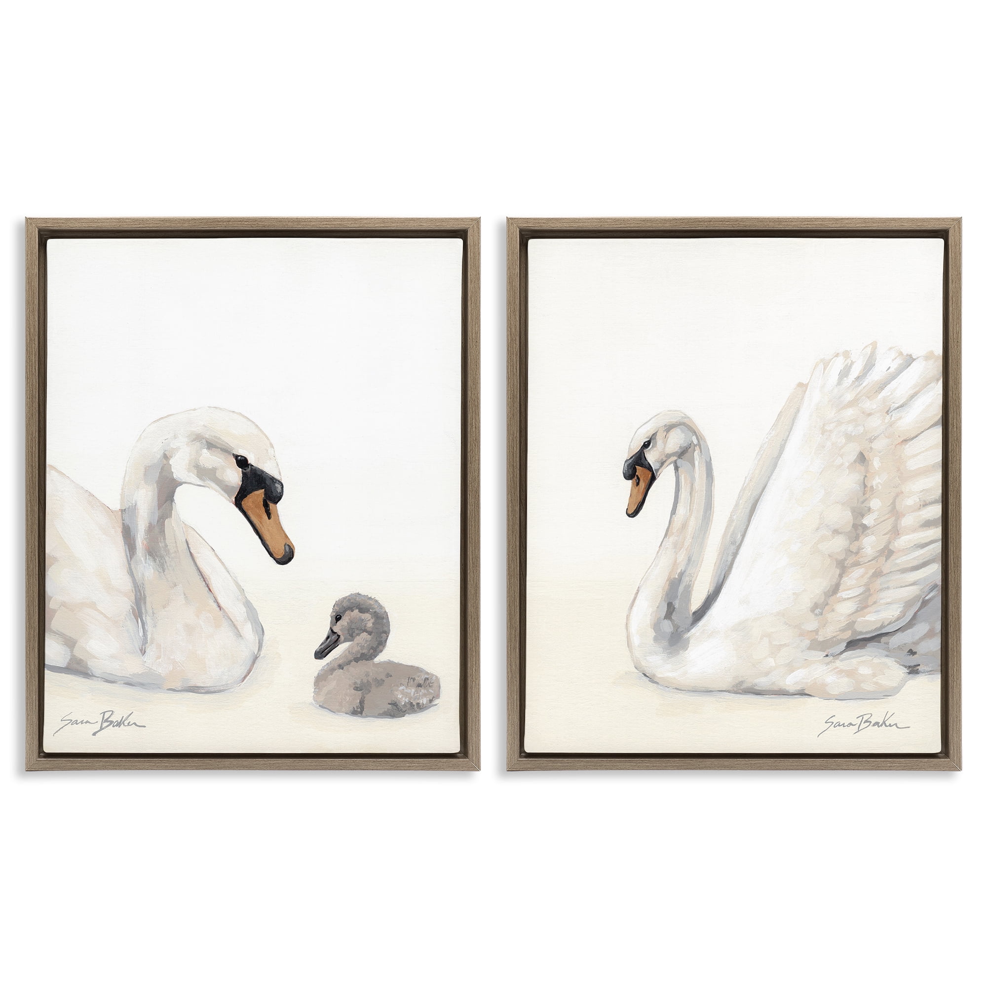Stupell Industries Graceful Swan & Cygnet 2 Piece Brown Framed Floater Canvas Set, design by Sara Baker