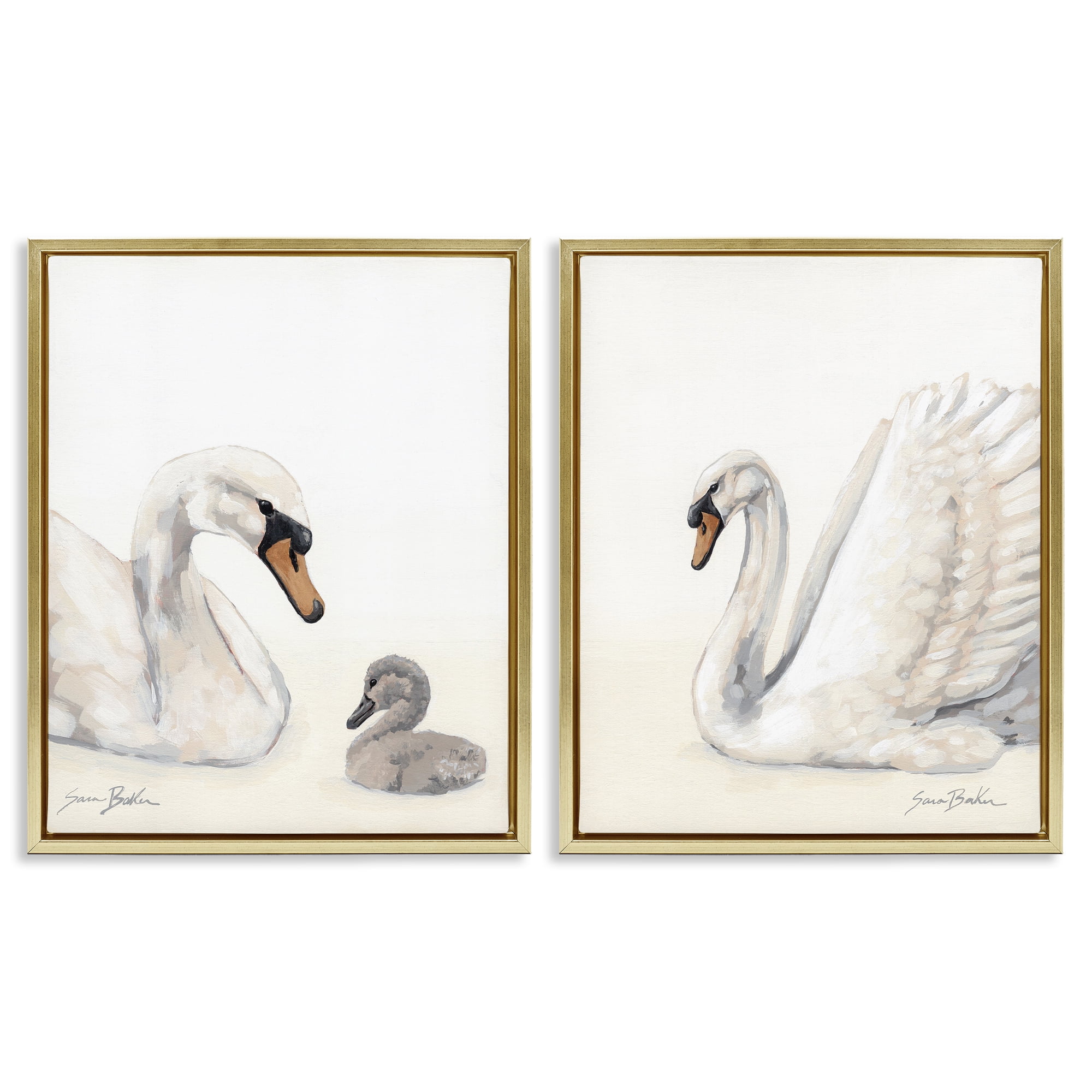 Stupell Industries Graceful Swan & Cygnet 2 Piece Gold Framed Floater Canvas Set, design by Sara Baker