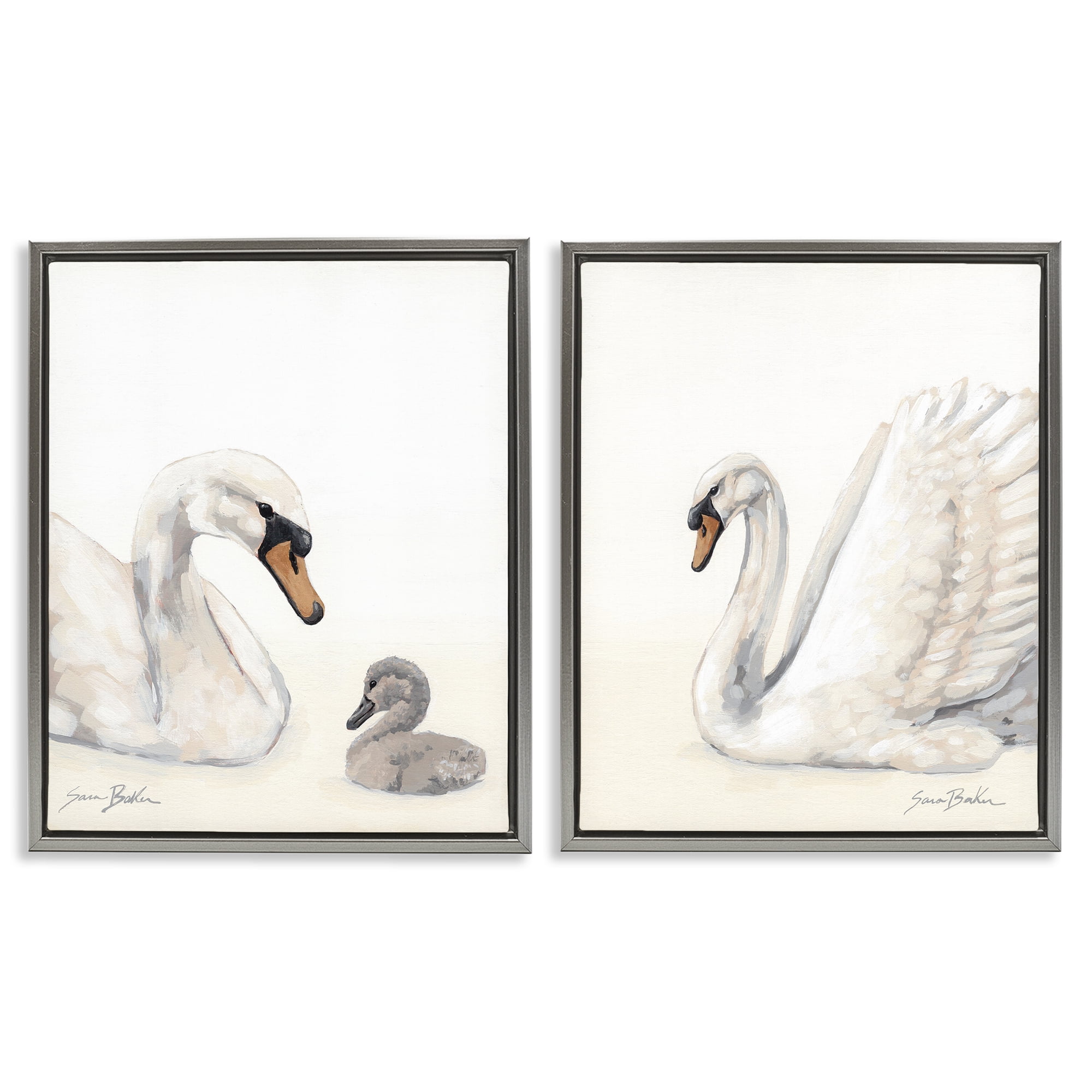 Stupell Industries Graceful Swan & Cygnet 2 Piece Gray Framed Floater Canvas Set, design by Sara Baker