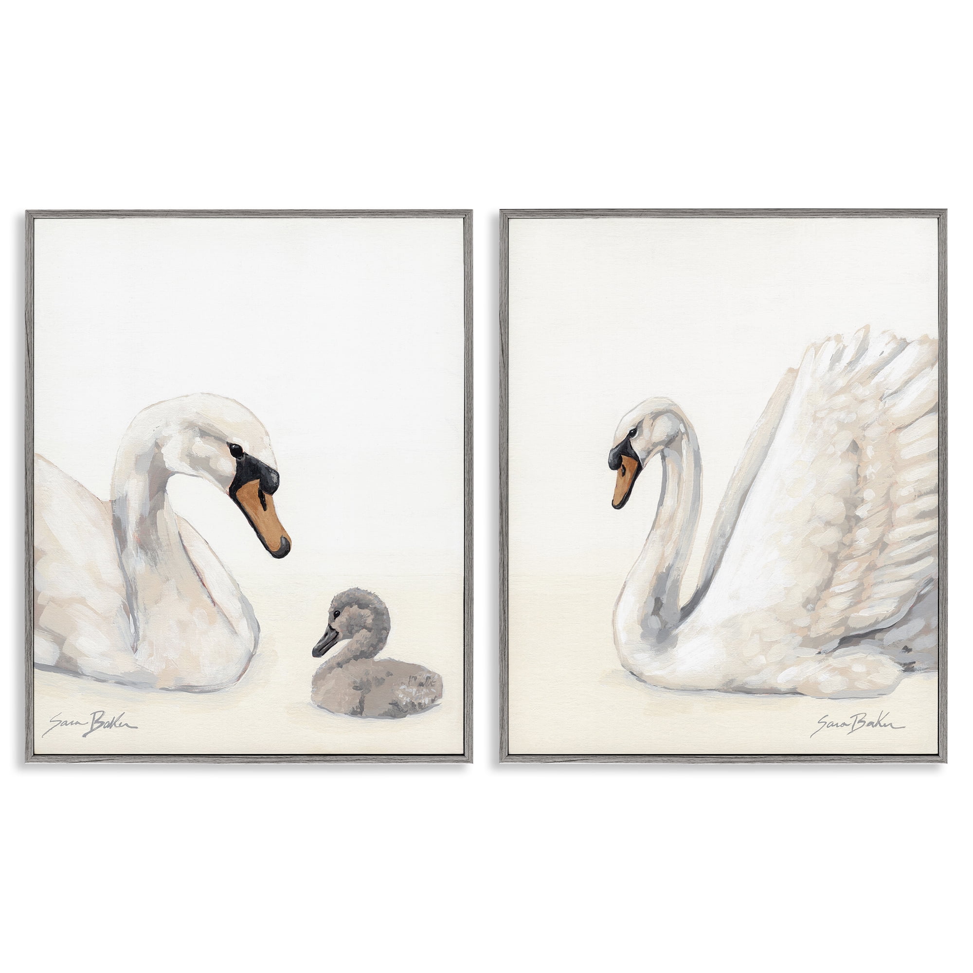 Stupell Industries Graceful Swan & Cygnet 2 Piece Gray Framed Giclee Art Set, design by Sara Baker