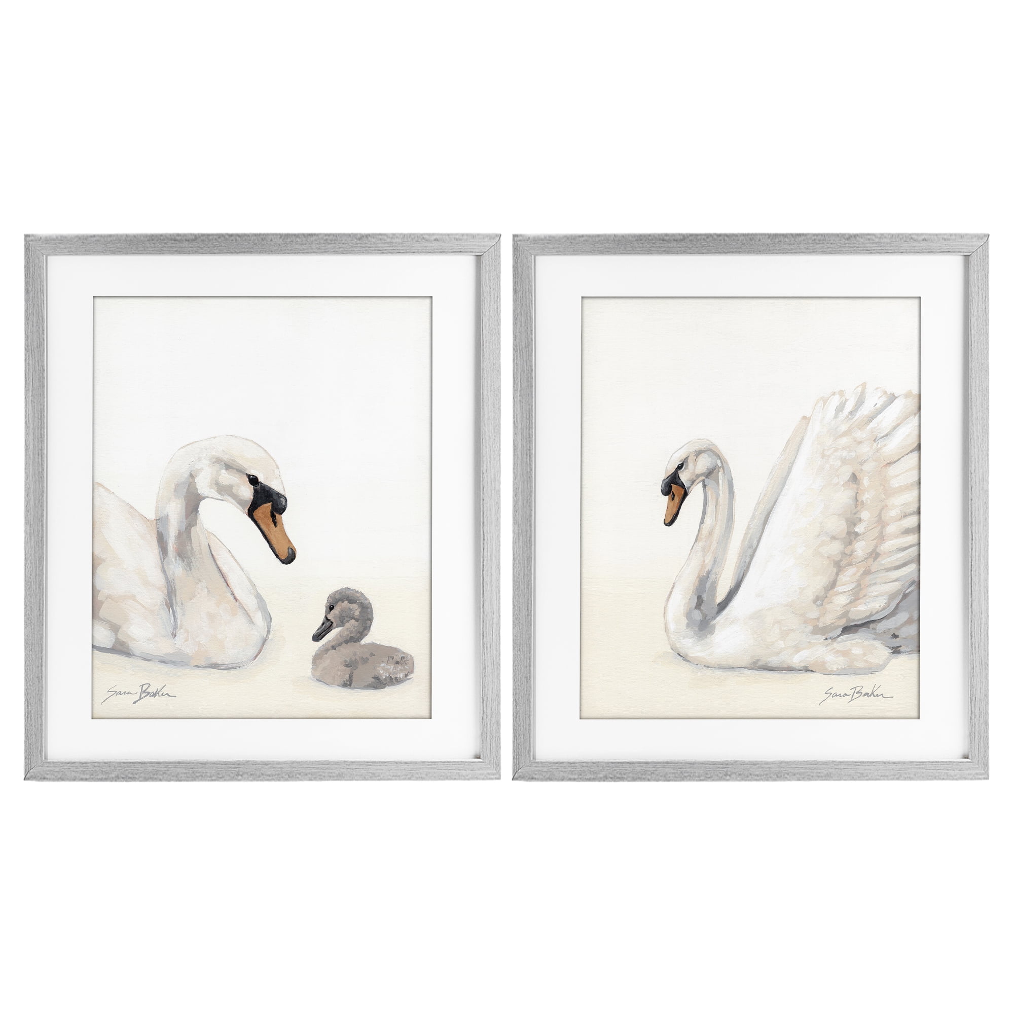 Stupell Industries Graceful Swan & Cygnet 2 Piece Gray Framed Print Under Glass Set, design by Sara Baker
