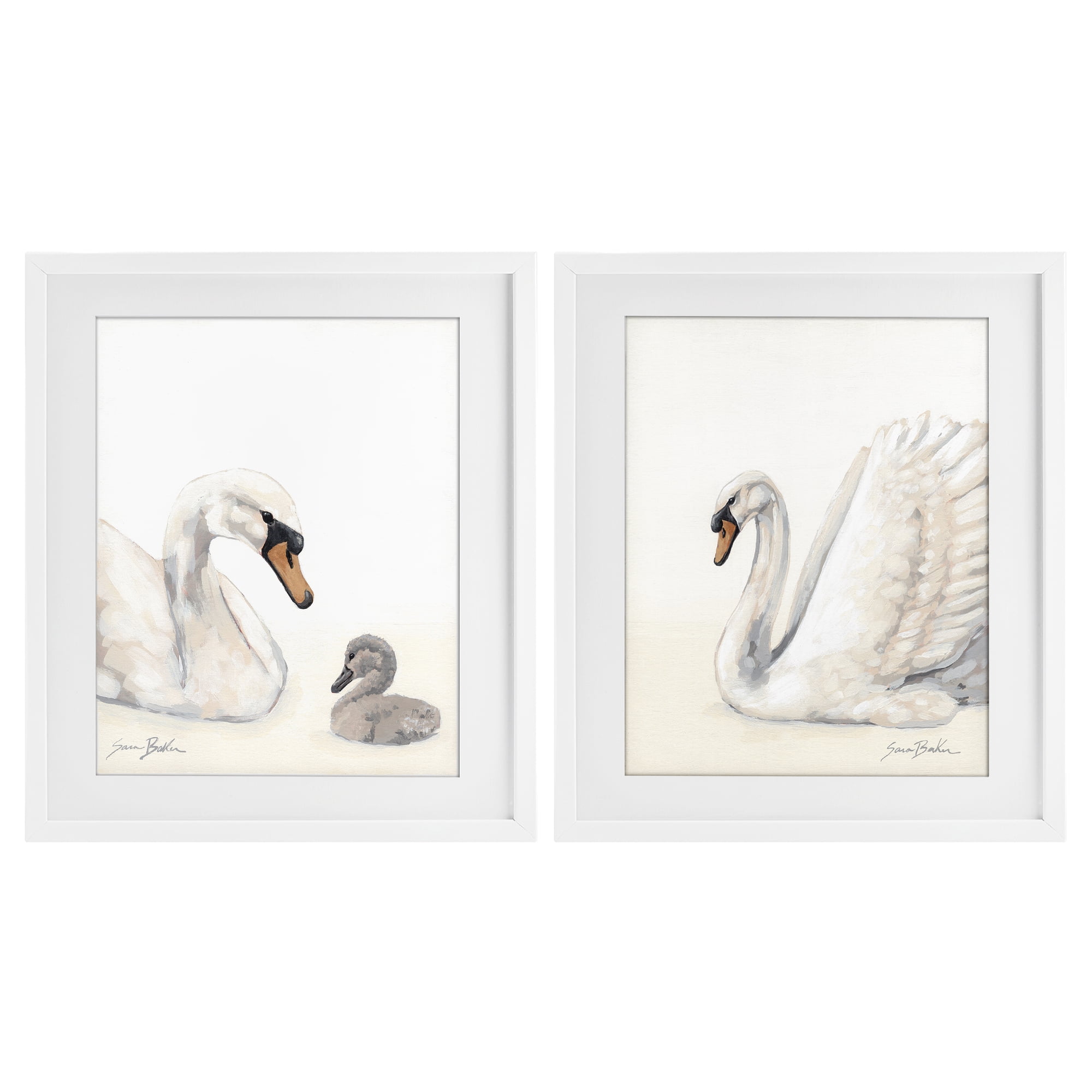 Stupell Industries Graceful Swan & Cygnet 2 Piece White Framed Print Under Glass Set, design by Sara Baker