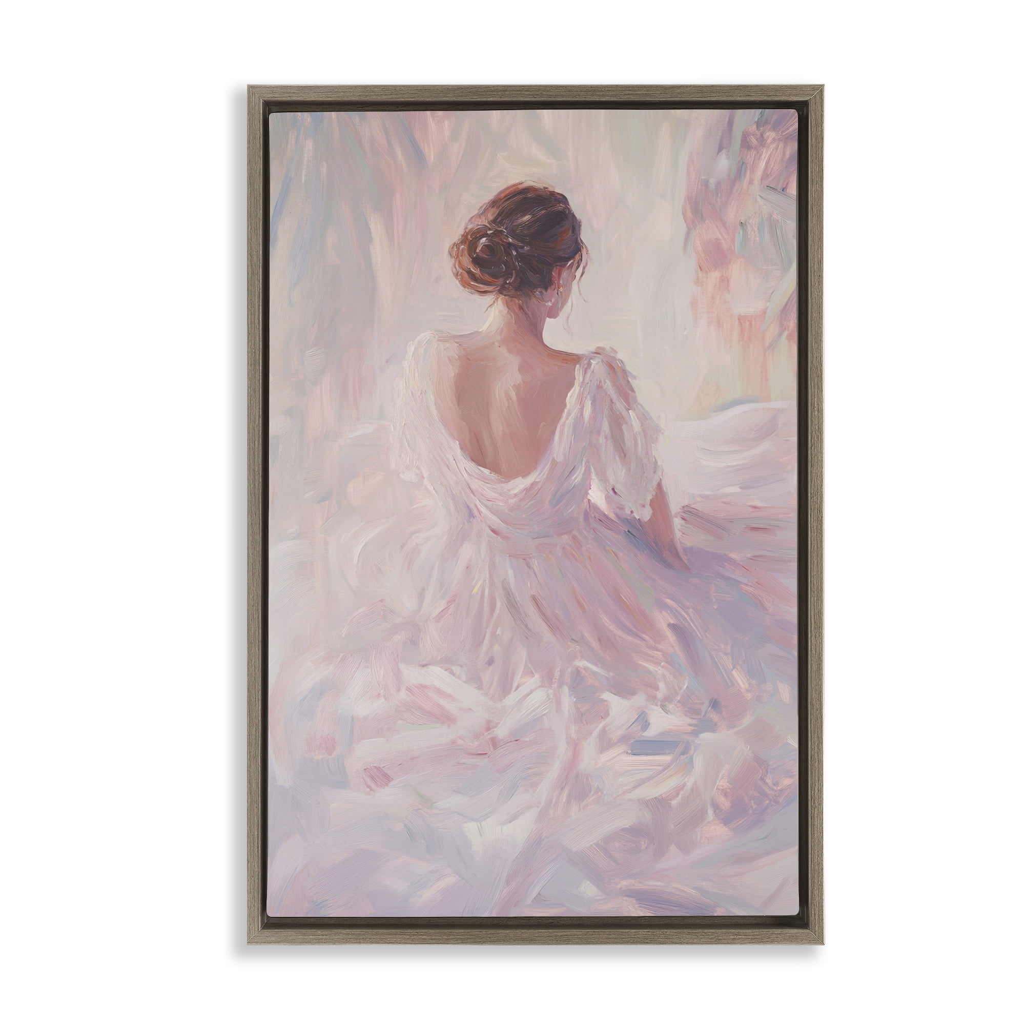 Stupell Industries Graceful Woman in Blush Gown Brown Framed Floater Canvas Wall Art, design by Petal Prints Design