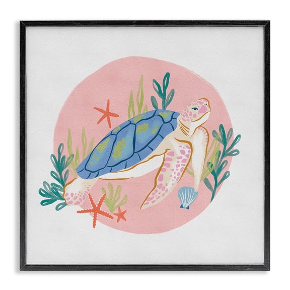 Stupell Industries Tropical Gracious Turtle Ocean Seaweed Shell Starfish Marine Reptile Black Framed Giclee Art, 17 x 17, by Deborah Curiel