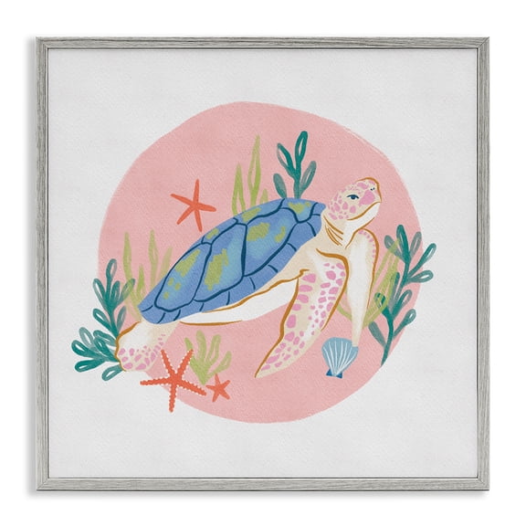 Stupell Industries Tropical Gracious Turtle Ocean Seaweed Shell Starfish Marine Reptile Gray Framed Giclee Art, 24 x 24, by Deborah Curiel