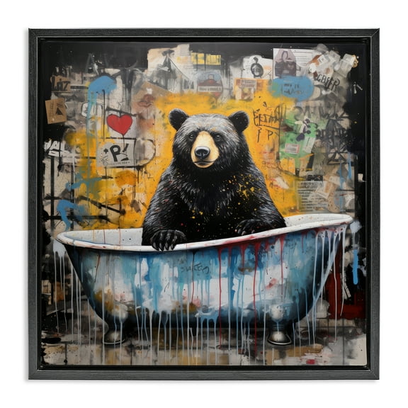 Stupell Industries Graffiti Bathing Bear Typography Painting Black Floater Framed Canvas Art Print Wall Art, 18 x 18