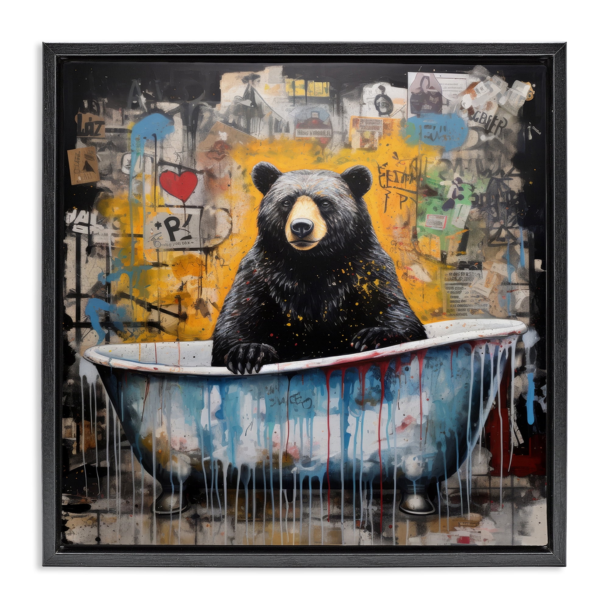 Stupell Industries Graffiti Bathing Bear Typography Painting Black Floater Framed Canvas Art Print Wall Art, 25 x 25